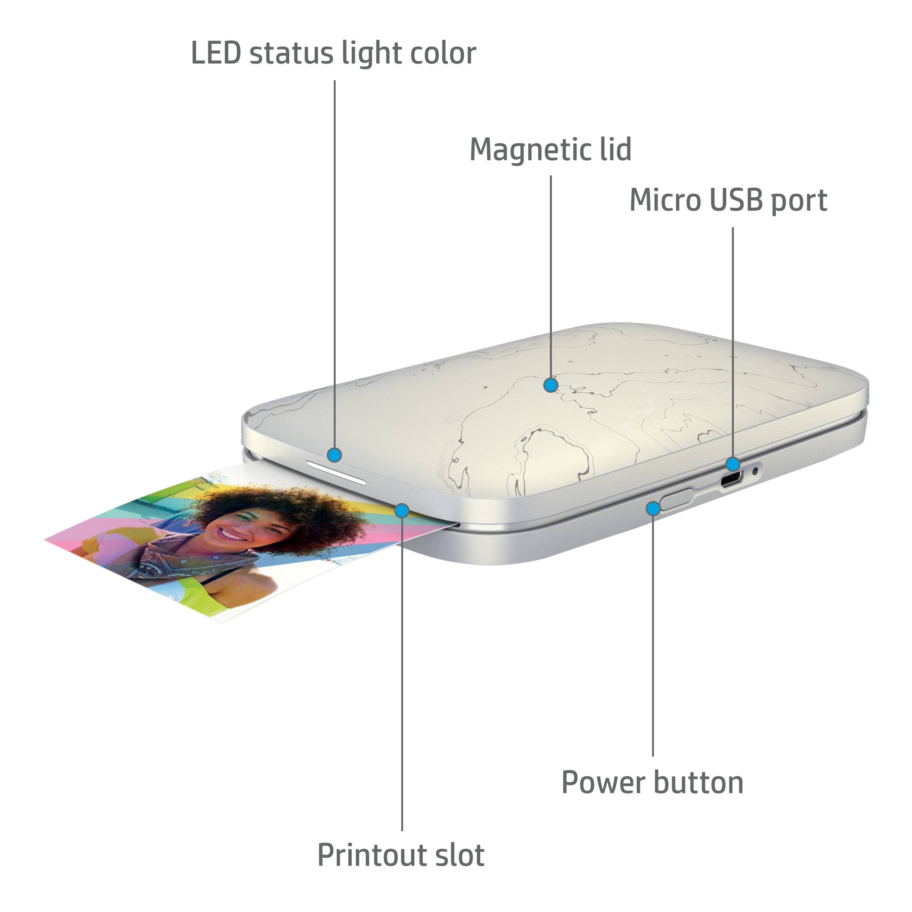 LED status light color  
Magnetic lid  
Micro USB port  
Power button  
Printout slot
