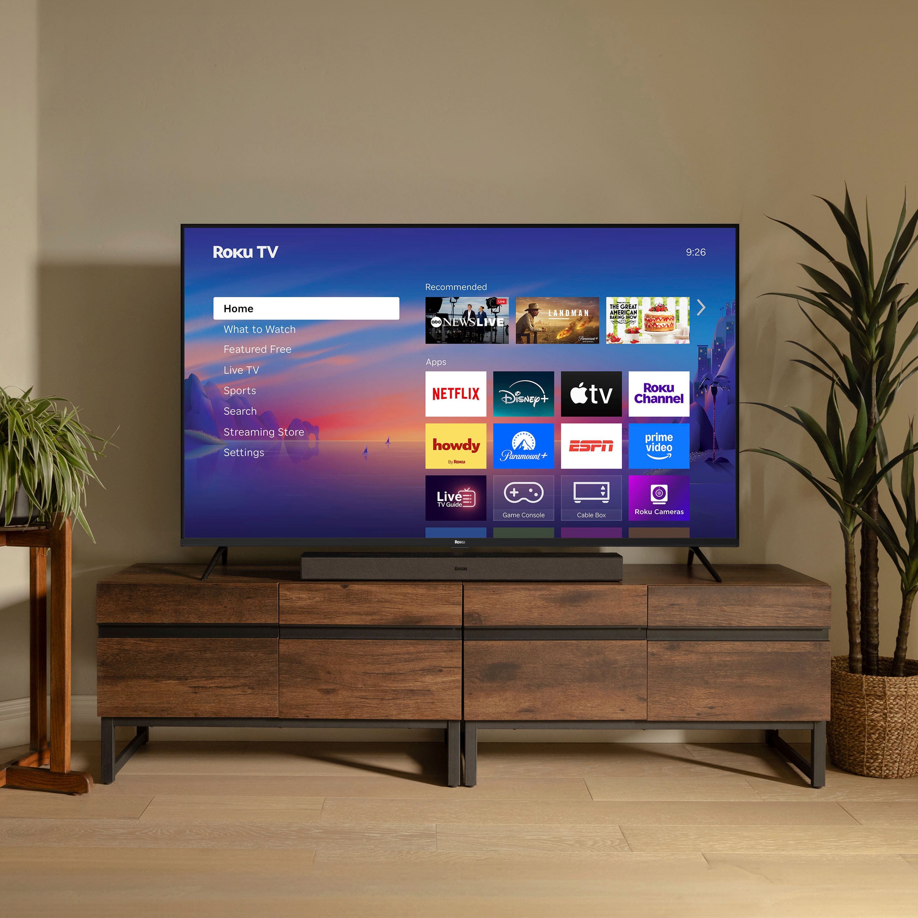 Roku TV
Home
- What to Watch
- Featured Free
- Live TV
- Sports
- Search
- Streaming Store
- Settings
Recommended
- NEWS LIVE
- LANDMAN
- THE GREAT
- NETFLIX
- Disney+
- Apple TV
- Roku Channel
- prime video
- howdy
- ESPN
- Live TV Guide
- Game Consoles
- Cable Box
- Roku Cameras
Apps
- NETFLIX
- Disney+
- Apple TV
- Roku Channel
- prime video
- howdy
- ESPN
Streaming Store
Settings
9:26