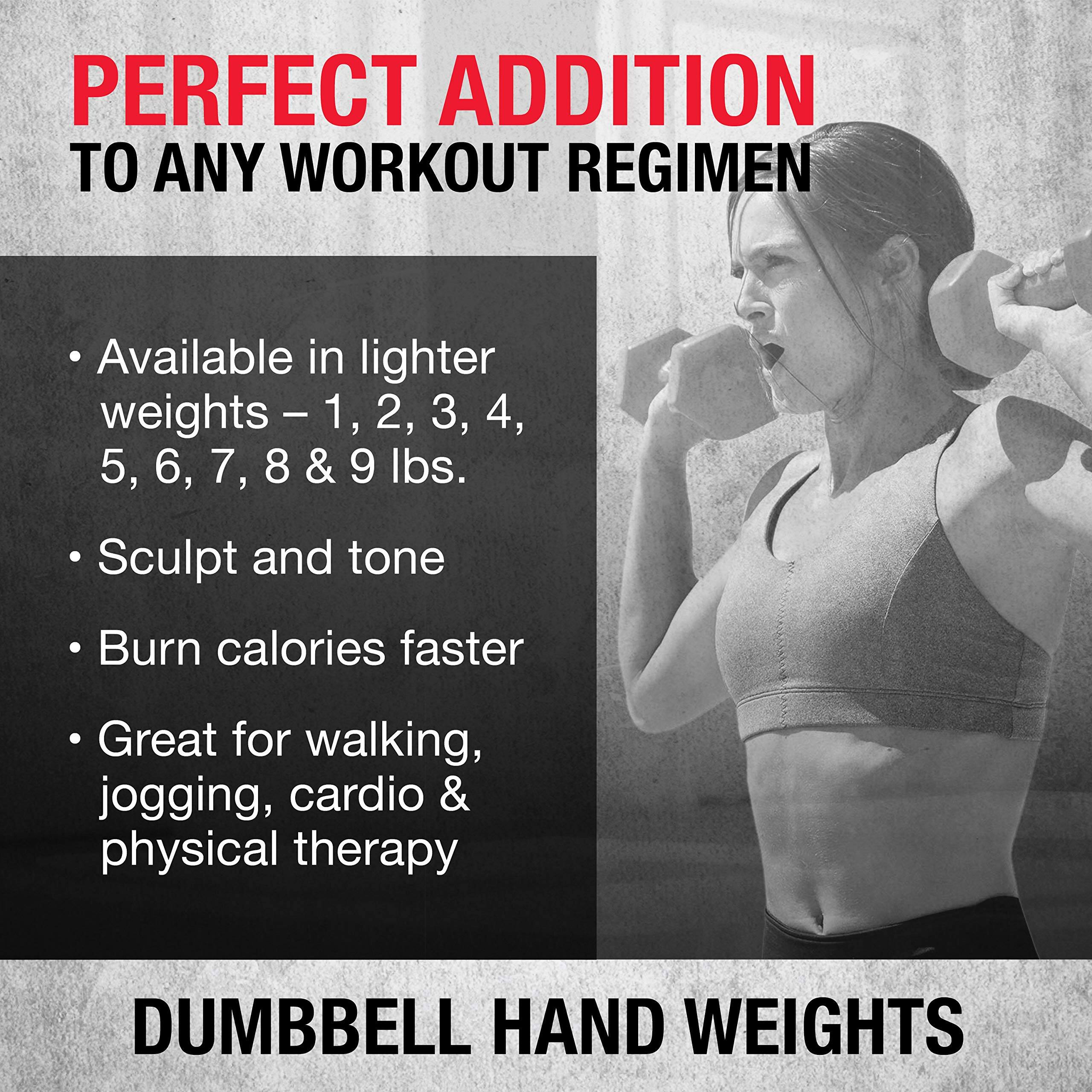 PERFECT ADDITION TO ANY WORKOUT REGIMEN

- Available in lighter weights – 1, 2, 3, 4, 5, 6, 7, 8 & 9 lbs.
- Sculpt and tone
- Burn calories faster
- Great for walking, jogging, cardio & physical therapy

DUMBBELL HAND WEIGHTS