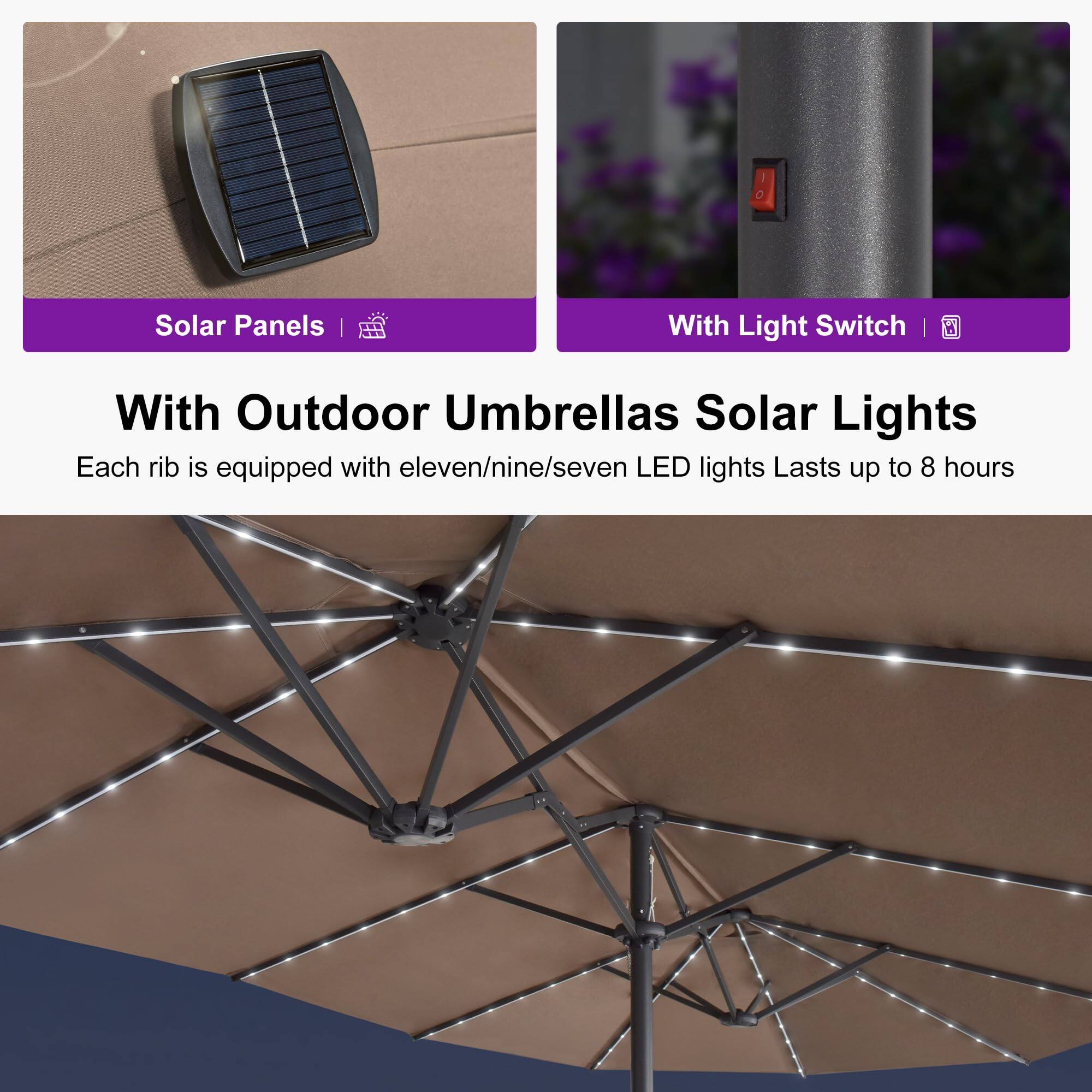 Solar Panels | With Light Switch

With Outdoor Umbrellas Solar Lights

Each rib is equipped with eleven/nine/seven LED lights. Lasts up to 8 hours.