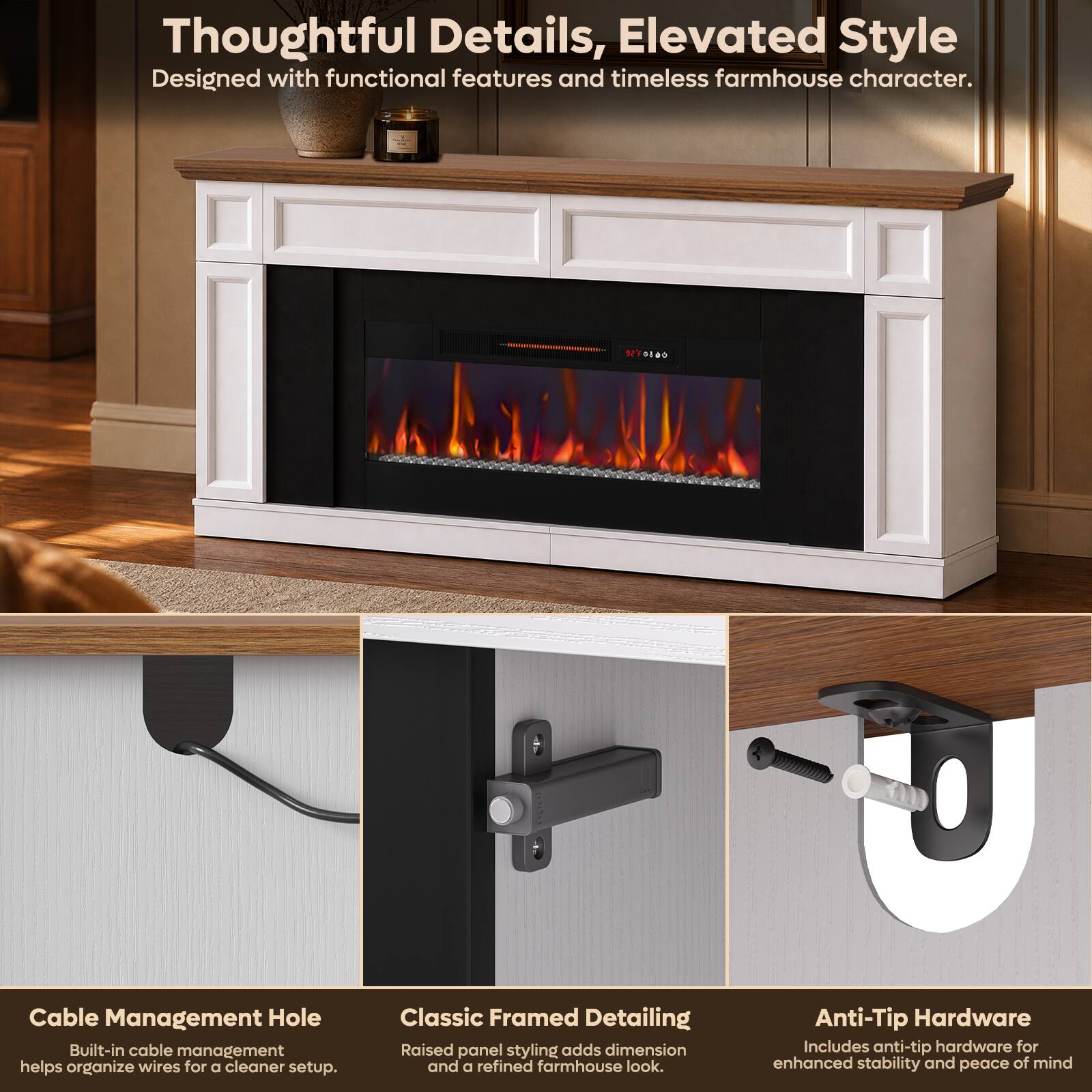 Thoughtful Details, Elevated Style  
Designed with functional features and timeless farmhouse character.

32F0160

Cable Management Hole  
Built-in cable management helps organize wires for a cleaner setup.

Classic Framed Detailing  
Raised panel styling adds dimension and a refined farmhouse look.

Anti-Tip Hardware  
Includes anti-tip hardware for enhanced stability and peace of mind
