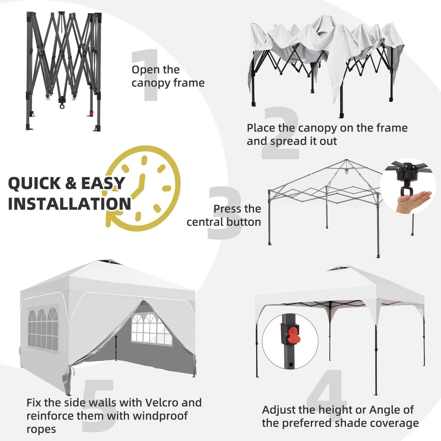 1. Open the canopy frame
2. Place the canopy on the frame and spread it out
3. Press the central button
4. Adjust the height or angle of the preferred shade coverage
5. Fix the side walls with Velcro and reinforce them with windproof ropes