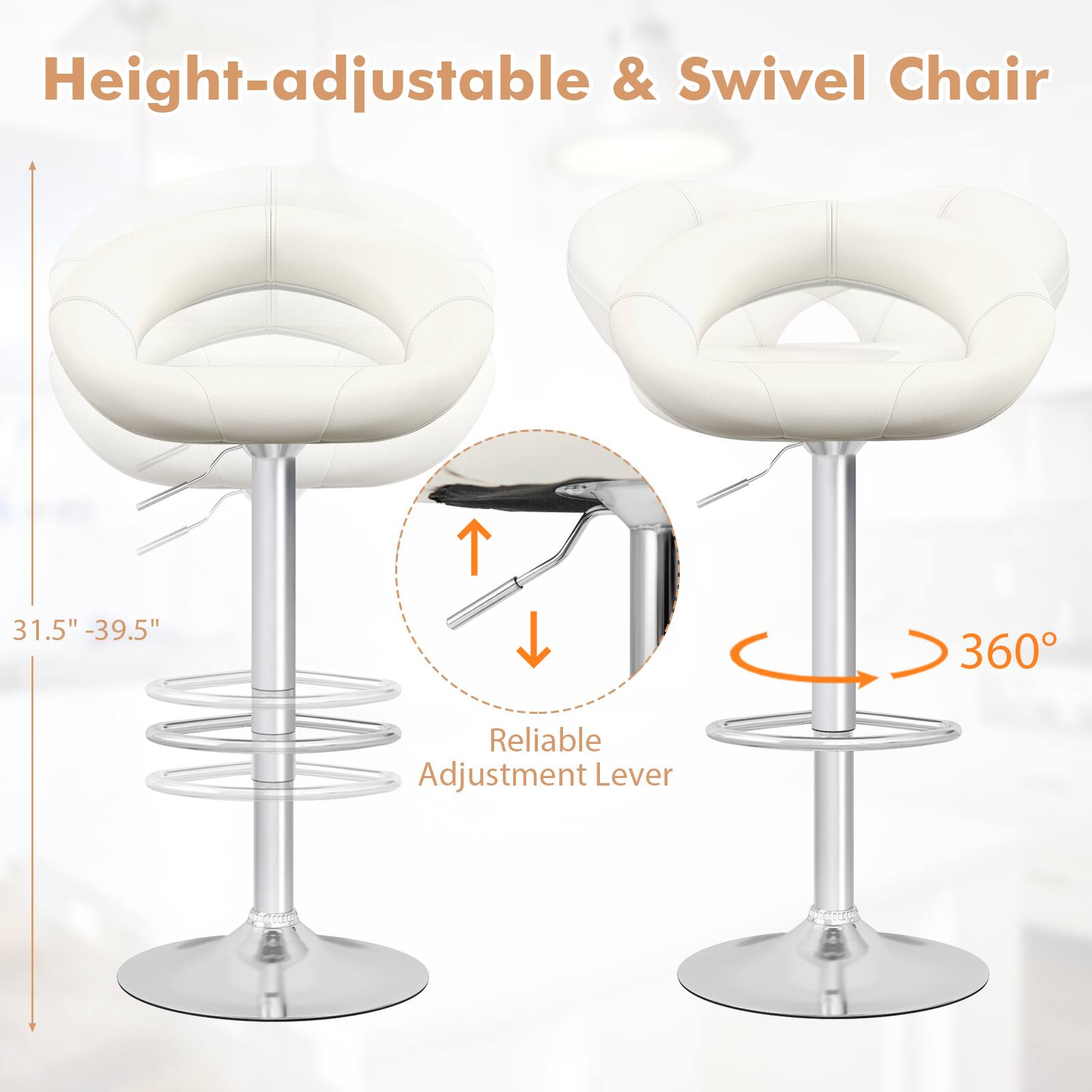 Height-adjustable & Swivel Chair 31.5" -39.5" 360° Reliable Adjustment Lever