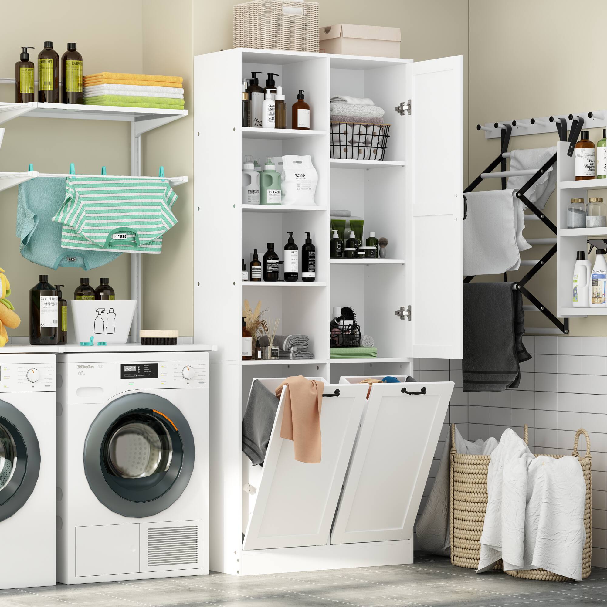 Back. Famapy - Bathroom Storage Cabinet with Laundry Hamper, Multi-Tier Organizer Shelf for Towels, Toiletries, Laundry Room - White.