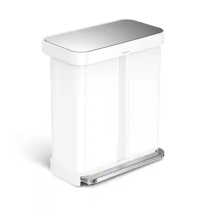 Front. simplehuman - 58L recycler rectangular step can, white steel - White.