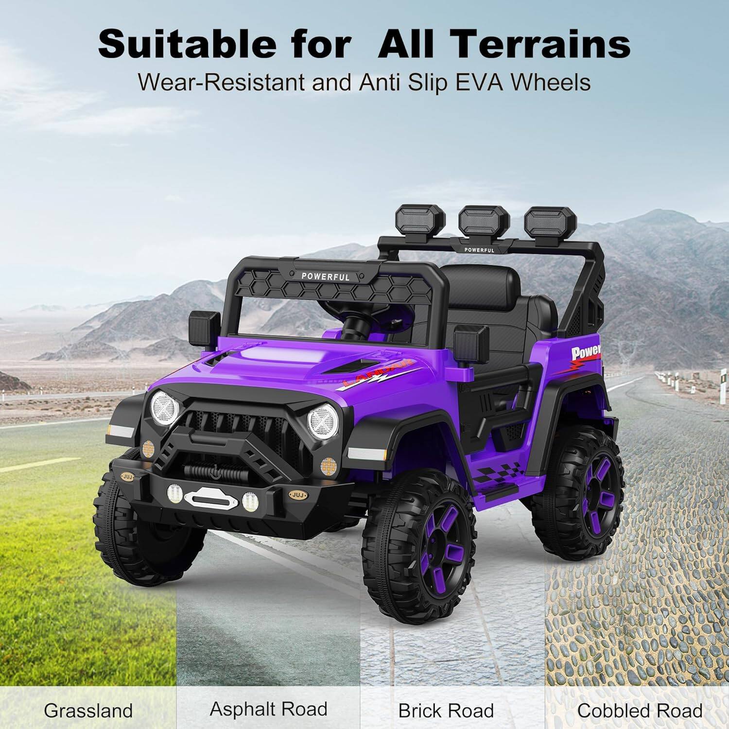 Suitable for All Terrains  
Wear-Resistant and Anti Slip EVA Wheels  

Grassland  
Asphalt Road  
Brick Road  
Cobbled Road