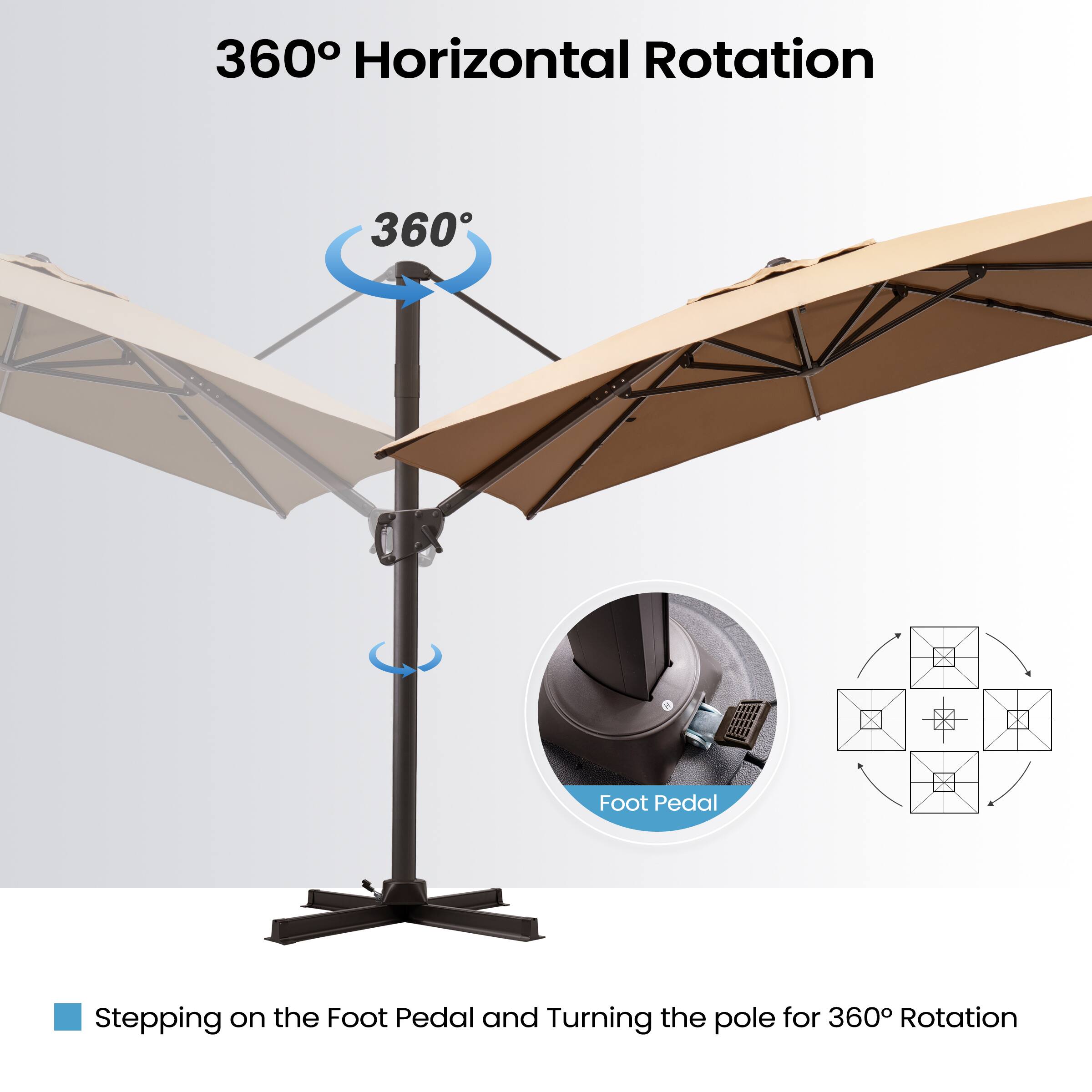 360° Horizontal Rotation

Stepping on the Foot Pedal and Turning the pole for 360° Rotation

Foot Pedal