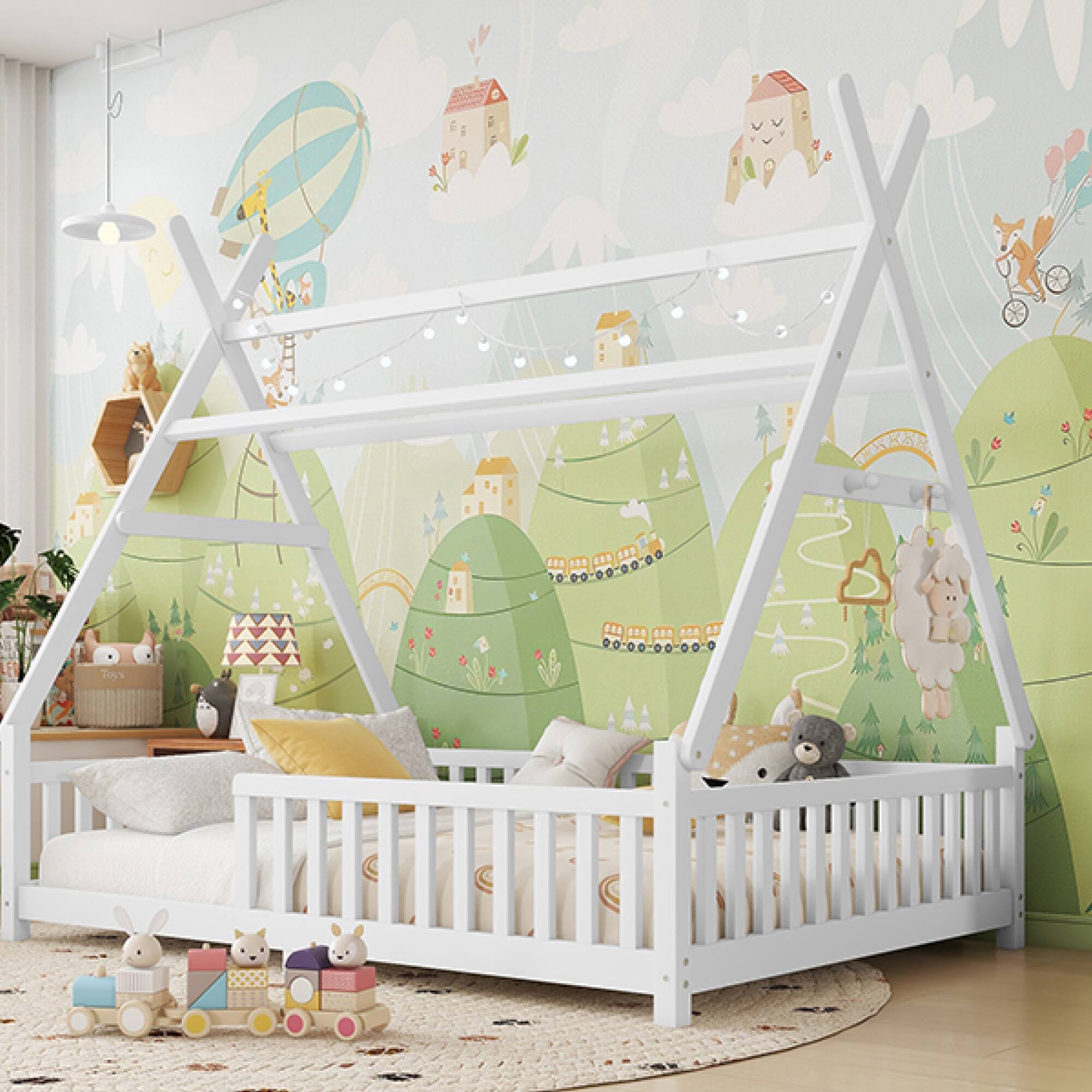 Alt View 4. GOODSILO - Full Size Low Profile House Frame Bed with Detachable Roof and LED Light Kit for Children's Bedroom - White.