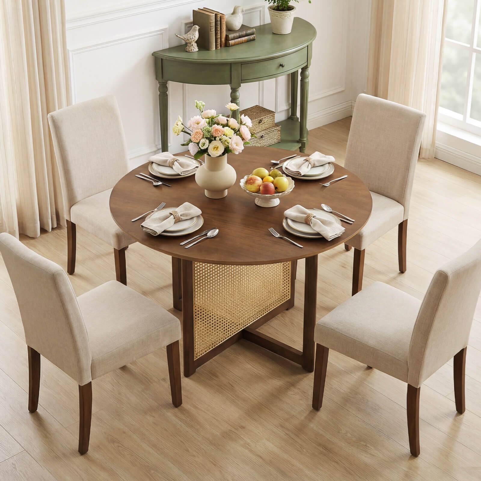 Alt View 4. Costway - Costway Round Dining Table with Cross Pedestal Base, PE Rattan Decoration for Dining Room - Walnut.