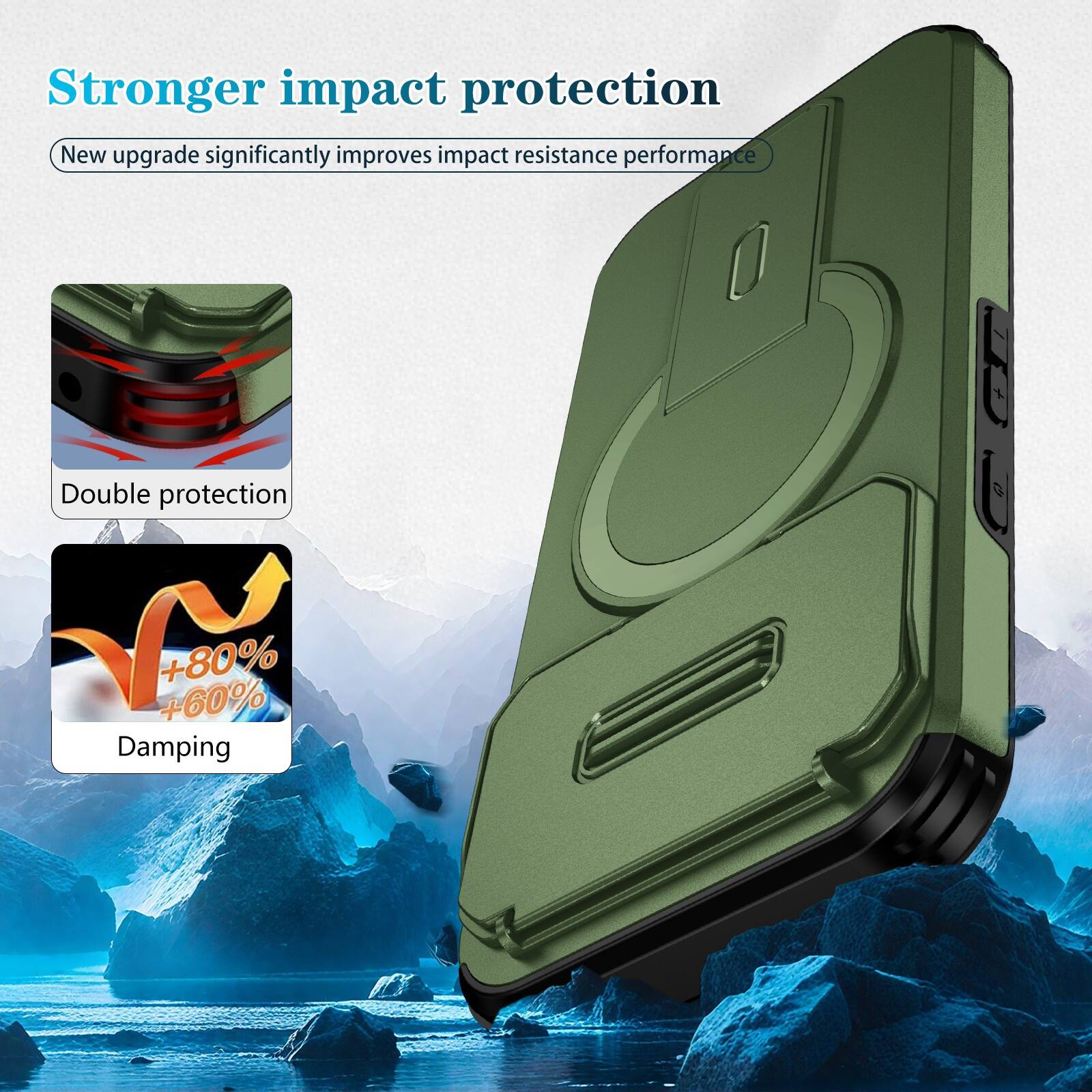Stronger impact protection  
New upgrade significantly improves impact resistance performance  
Double protection  
+80% +60% Damping