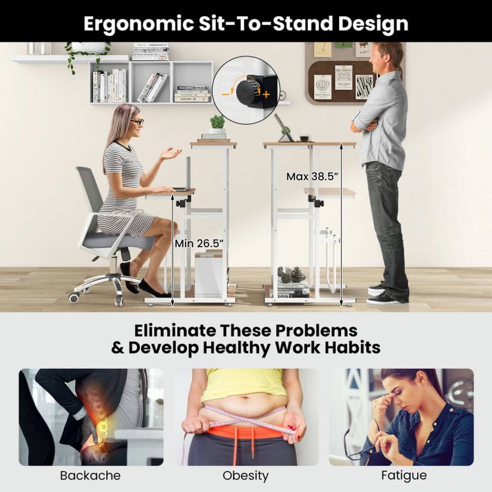 Ergonomic Sit-To-Stand Design

Max 38.5" Min 26.5"

Eliminate These Problems & Develop Healthy Work Habits

Backache
Obesity
Fatigue