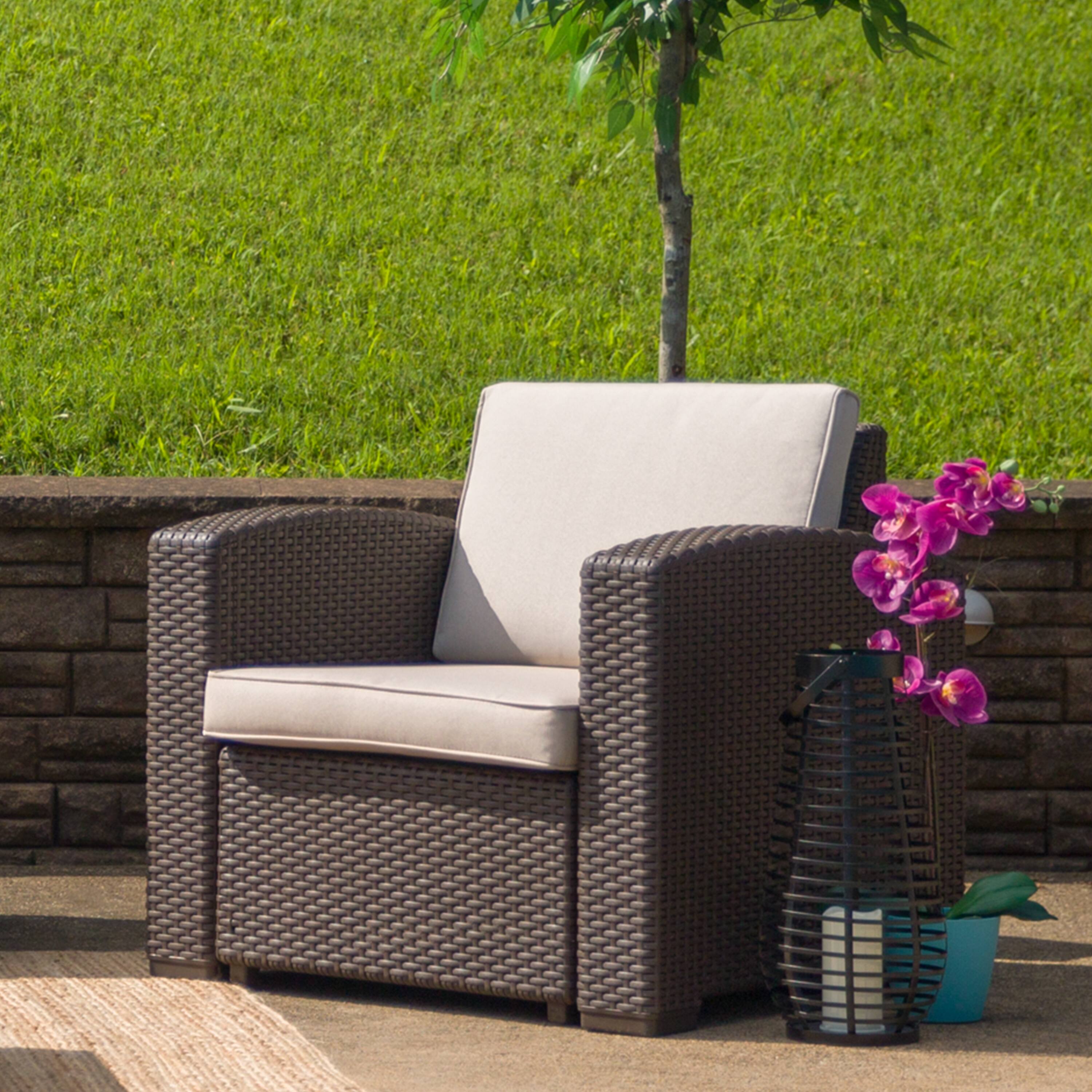 Alt View 1. Emma + Oliver - Faux Rattan Chair with All-Weather Cushion - Beige Cushions/Chocolate Brown Frame.