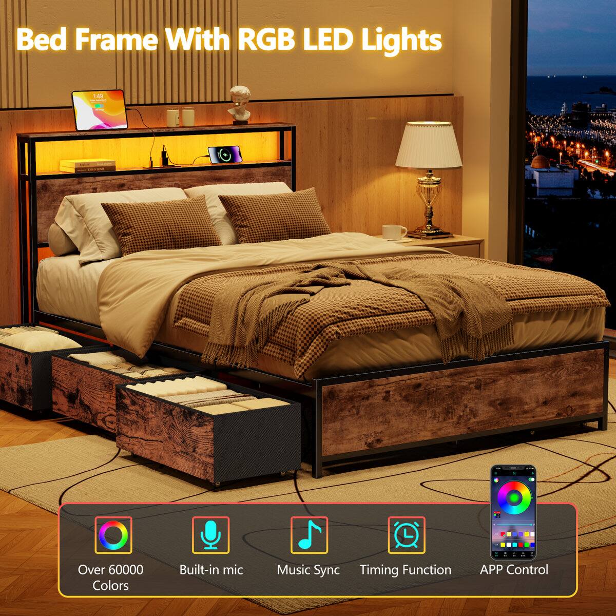 Bed Frame With RGB LED Lights 140 - Over 60000 Colors Built-in mic Music Sync Timing Function APP Control