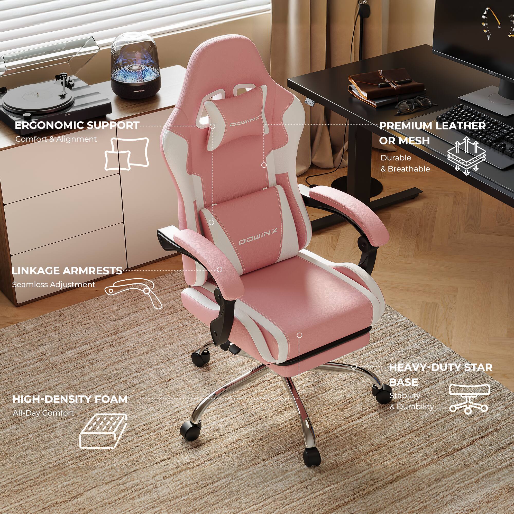 ERGONOMIC SUPPORT  
Comfort & Alignment

PREMIUM LEATHER OR MESH  
Durable & Breathable

LINKAGE ARMRESTS  
Seamless Adjustment

HIGH-DENSITY FOAM  
All-Day Comfort

HEAVY-DUTY STAR BASE  
Stability & Durability