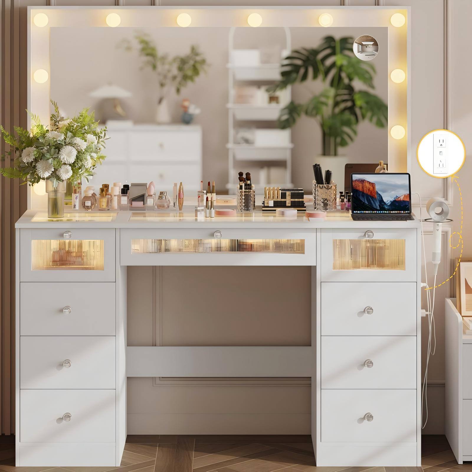 Alt View 4. DIYSET - DIYSET 9-Drawers Makeup Vanity with Lighted 36.9" Mirror, Glass Top Vanity Desk with 3 Color Bulbs, Charging Station - White.