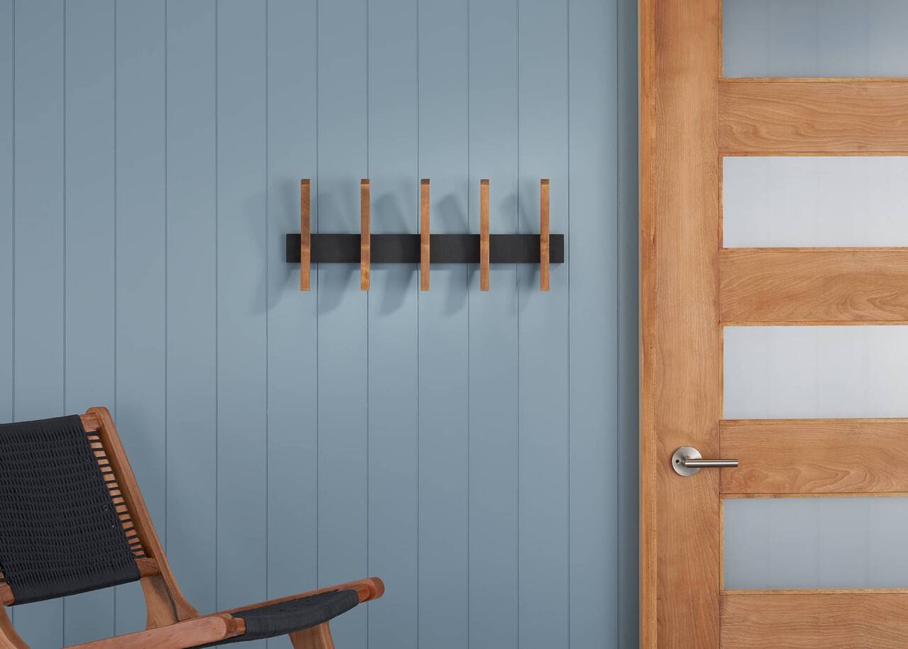 Left. TRINITY - DRAKESTONE Mid-Century Coat Rack w/ 5 Wooden Hooks Black - Black.