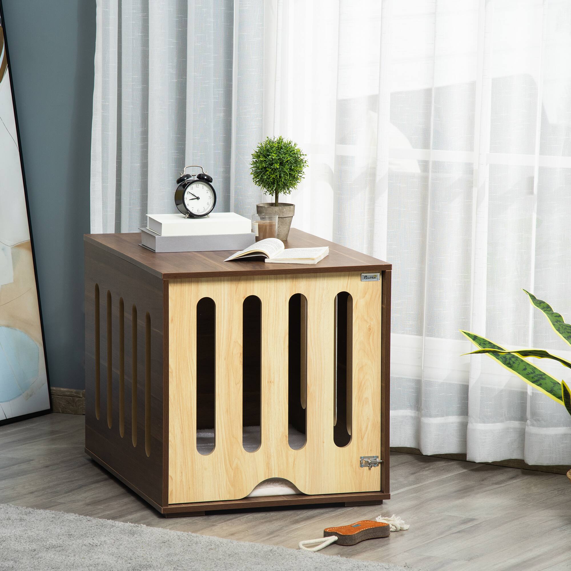 Alt View 1. Pawhut - Style Dog Crate End Table with Removable Door Panel, Dog Crate Bed with Foam Cushion, Safety Lock, Indoor Use.