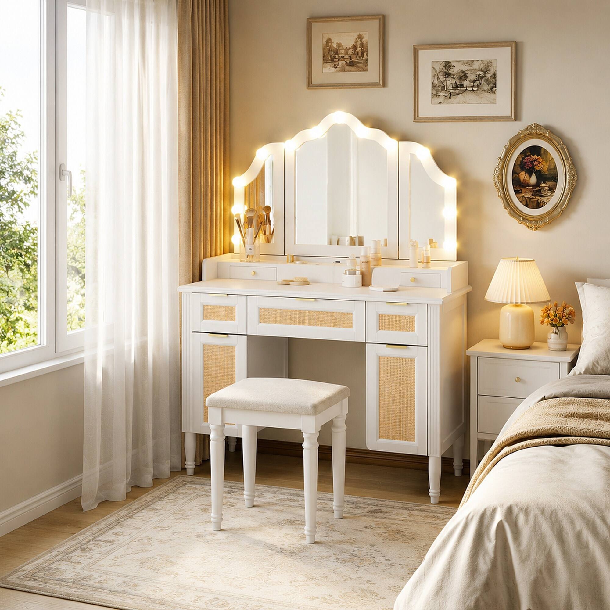 Back. RYHNUYNE - 44.37 in Makeup Vanity Desk Set 3 Lighting Modes, Tri-Fold Mirror, Cushioned Stool, White - White.