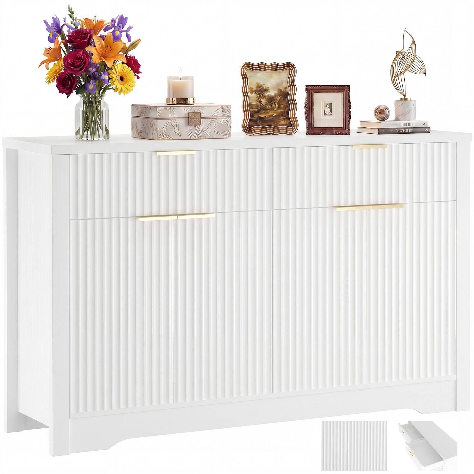 Angle. Aheaplus - 55.1'' Fluted Buffet Cabinet with Drawers, Modern Sideboard Credenza with Adjustable Shelves - White.