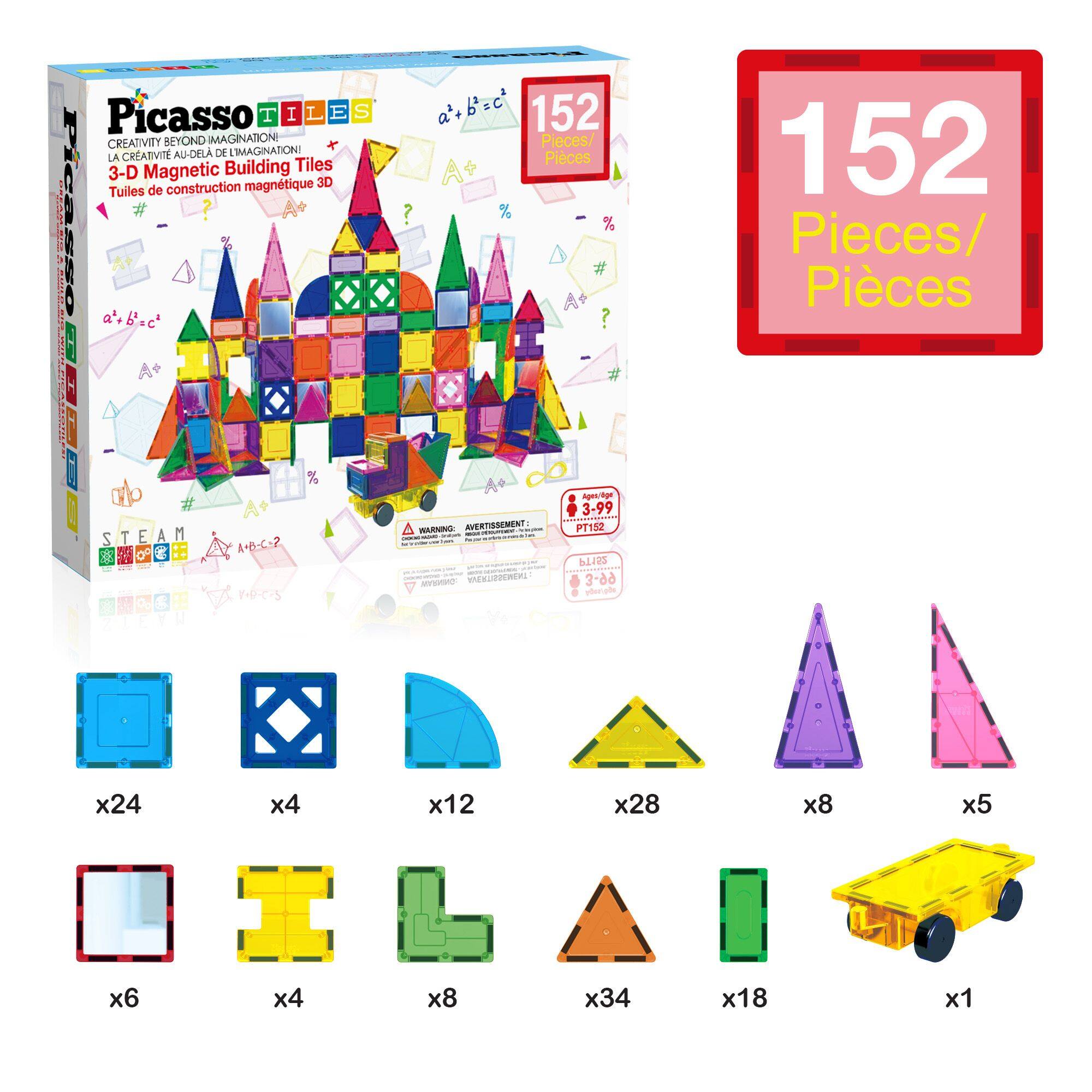 **Picasso Tiles**

**Creativity Beyond Imagination**  
**La Créativité Au-Dela De L'Imagination**  
**3-D Magnetic Building Tiles**  
**Tuiles de Construction Magnétiques 3D**

**STEAM**

**152 Pieces / Pièces**

**Age:** 3-99

**Warning / Avertissement:**  
PT152

**Set Includes:**
- 24 x 1" Squares
- 4 x 1" Diamonds
- 12 x 1" Triangles
- 28 x 1" Triangles
- 8 x 1" Triangles
- 5 x 1" Triangles
- 6 x 1" Rectangles
- 4 x 1" Rectangles
- 8 x 1" Rectangles
- 34 x 1" Triangles
- 18 x 1" Rectangles
- 1 x 1" Car Base

**BL185**  
**3-99**  
**PT152**