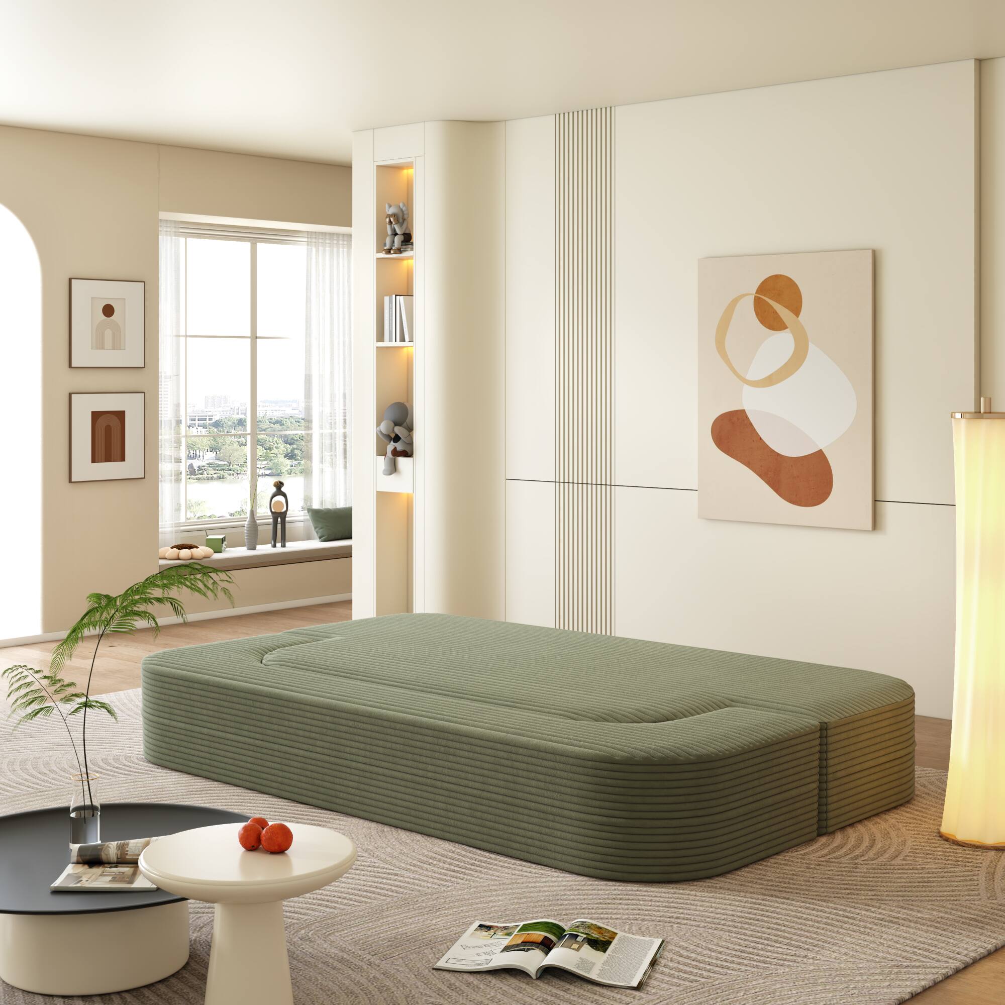 Alt View 1. GOODSILO - Modern Plush Corduroy 2-in-1 Foldable Sleeper Sofa with Convertible Frame, Functional Blanket, and Soft Pillows - Green.