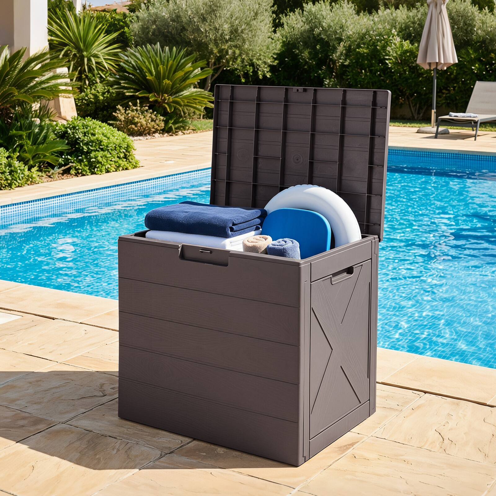 Alt View 3. Costway - Costway Outdoor Deck Box, 25 Gallon Storage Bin with Lid, Carry Handles & Lock Hole - Brown.
