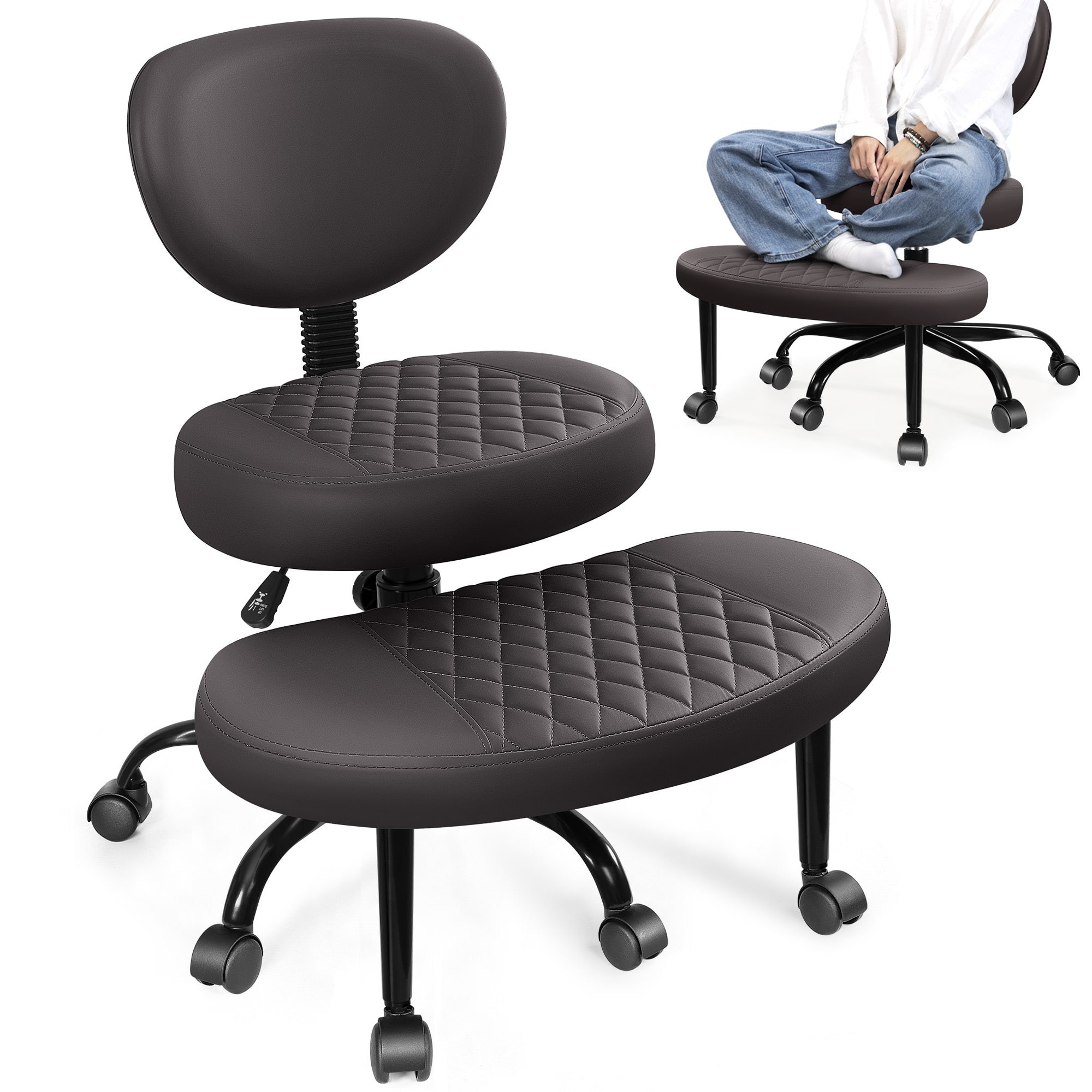 Front. KERDOM - Ergonomic Wide Cross Legged Office Chair with Wheels, Yoga Meditation Chair Kneeling Chair, ADHD Desk Chair PU Leather - Brown.