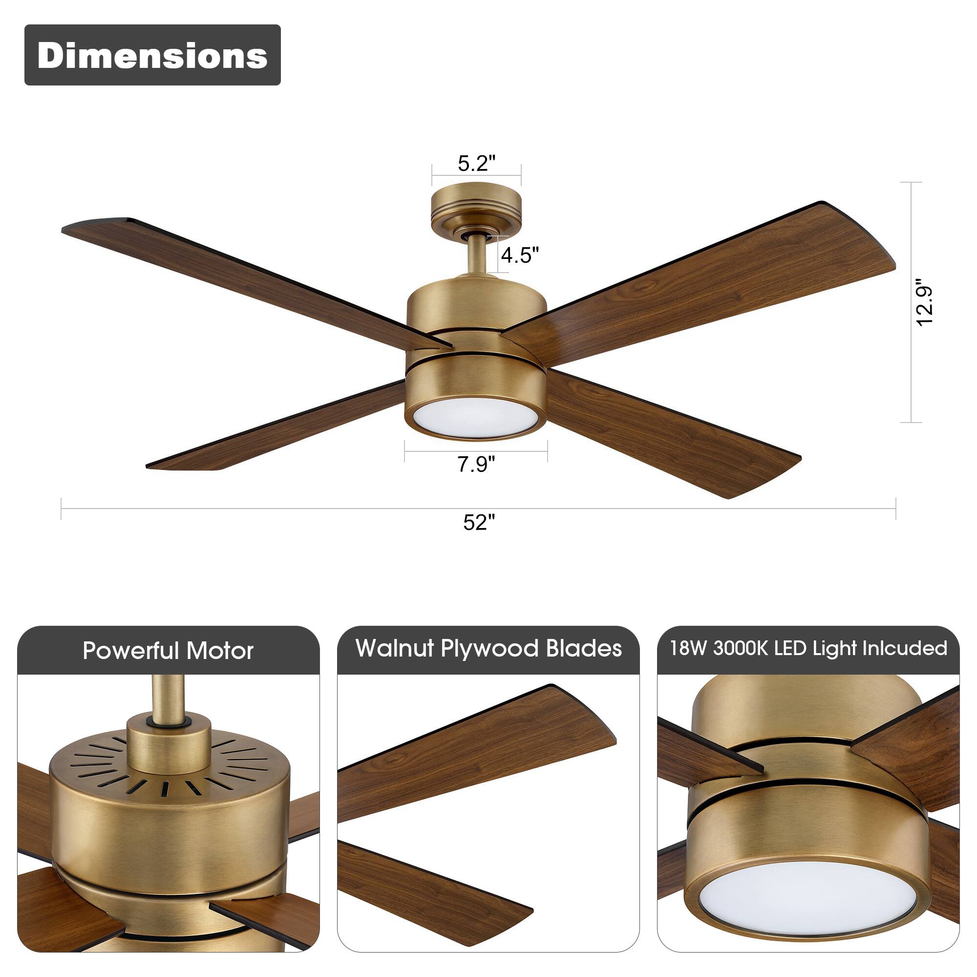 Dimensions: 5.2" x 4.5" x 12.9" x 7.9" x 52"

Features:
- Powerful Motor
- Walnut Plywood Blades
- 18W 3000K LED Light Included