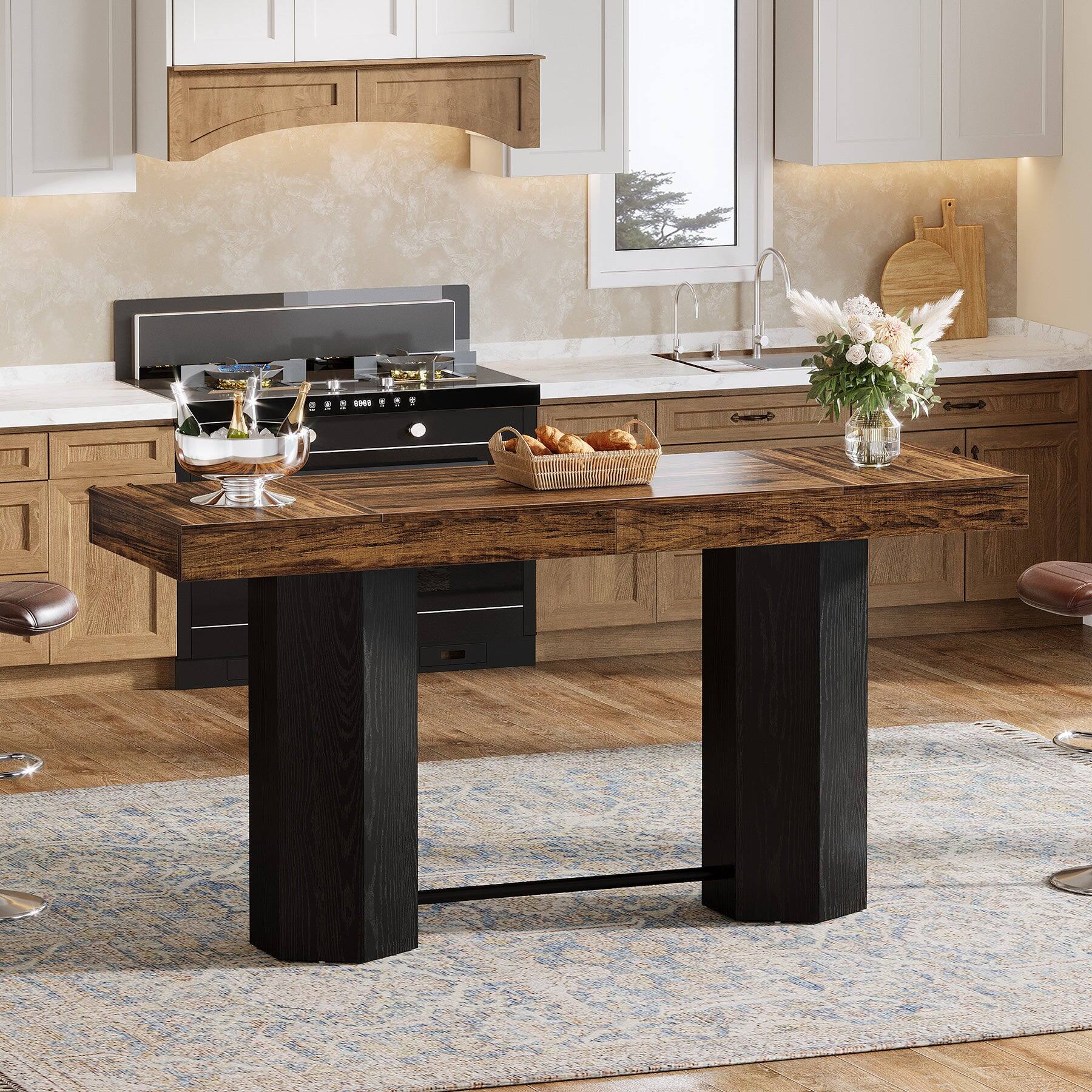 Alt View 4. Tribesigns - Bar Table with Engineered Wood Construction, Footrest and Rectangular Top for Kitchen and Living Room - Brown.