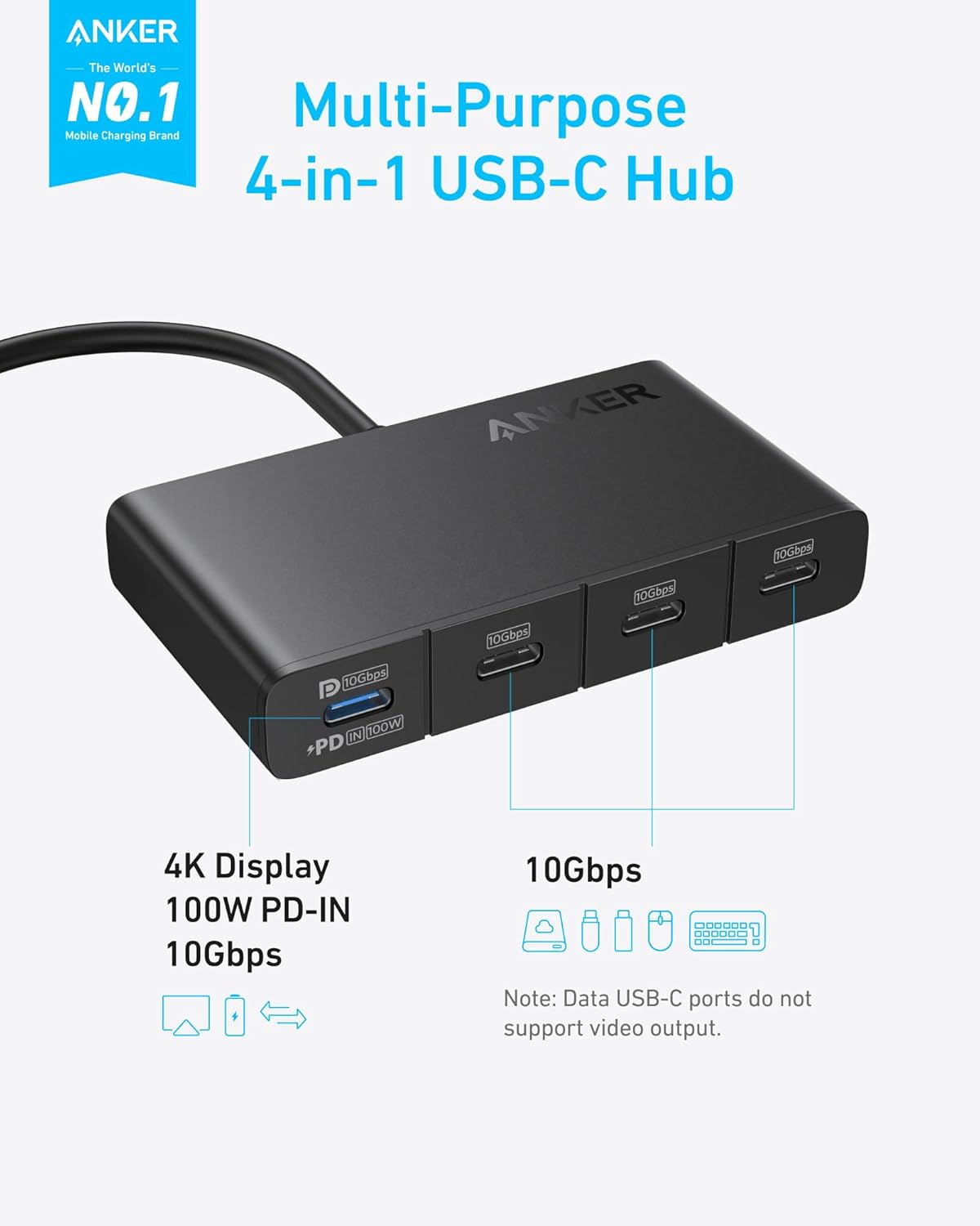 ANKER The World's NO.1 Multi-Purpose Mobile Charging Brand 4-in-1 USB-C Hub

- 4K Display
- 100W PD-IN
- 10Gbps

Note: Data USB-C ports do not support video output.