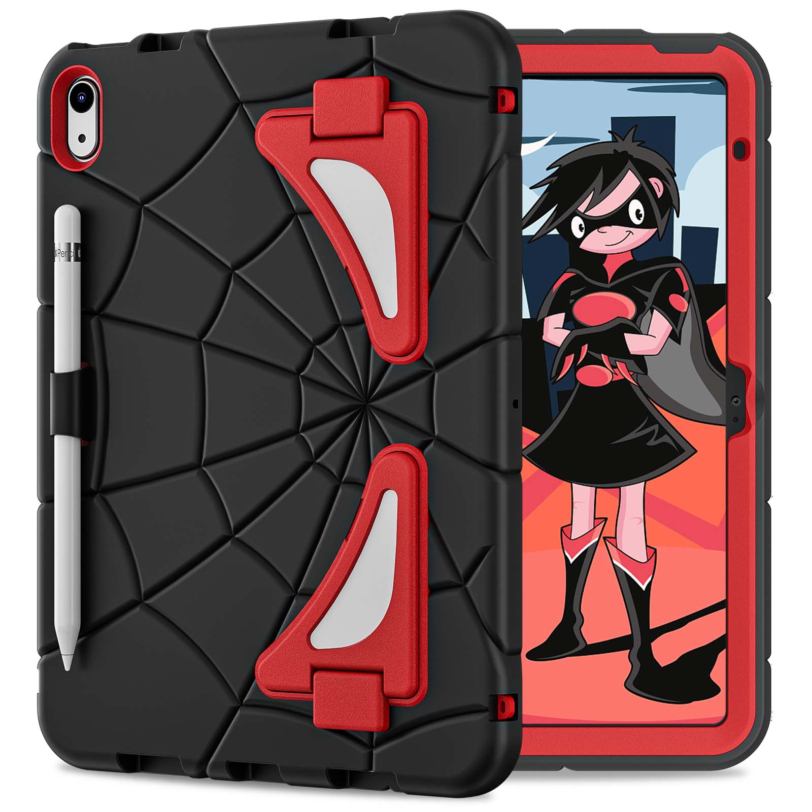 Angle. UUCOVER - Kids Case for iPad (A16) 11-inch 2025 / iPad 10th Gen 10.9" 2022 ,Shockproof TPU+PC Rugged Stand Case Protective Cover - Black+Red.