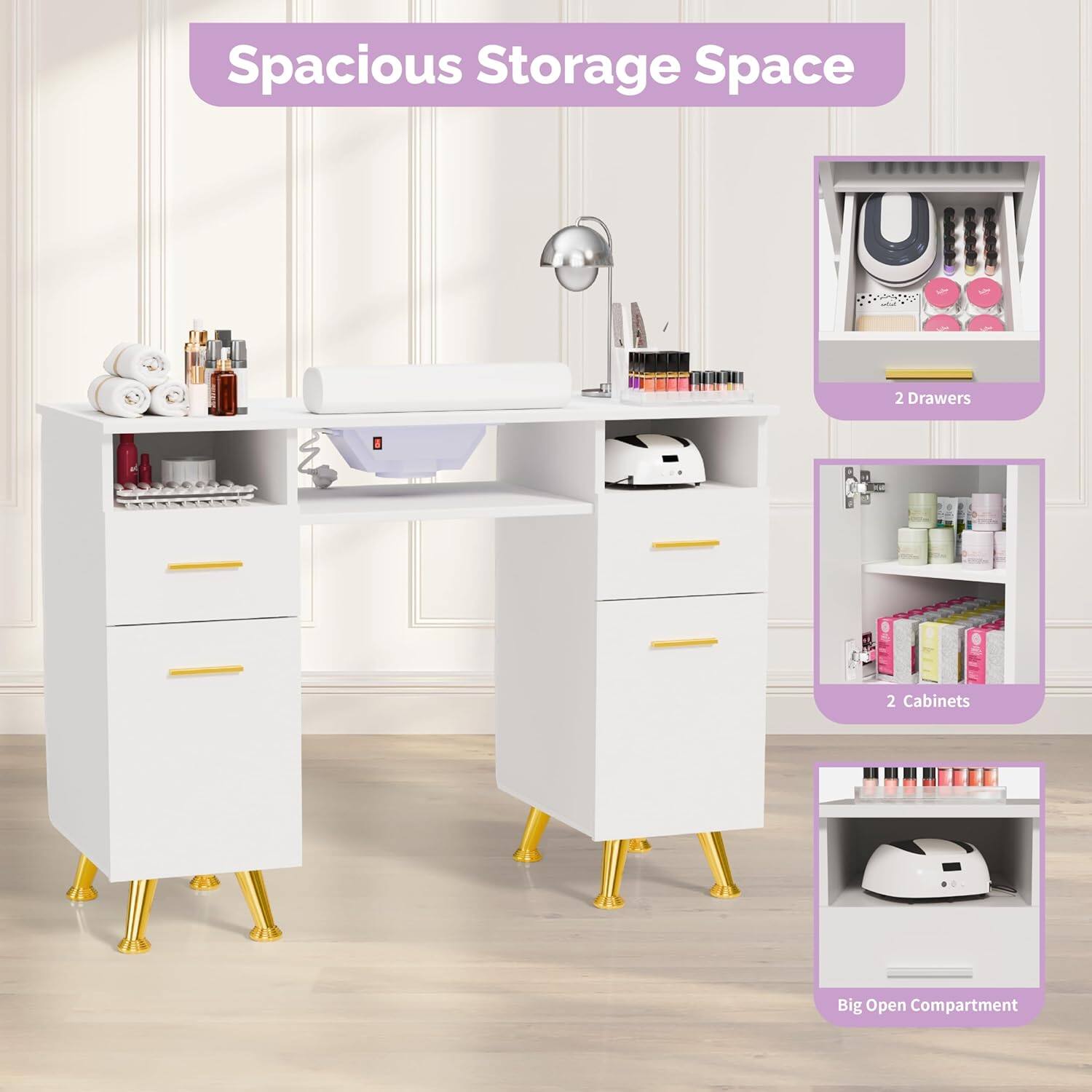 Spacious Storage Space

- 2 Drawers
- 2 Cabinets
- Big Open Compartment