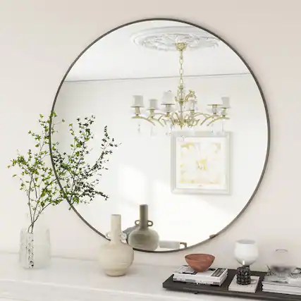 Front. HOMLUX - Round Wall Mirror Black Aluminum Frame Circle Wall Mounted for Bathroom Vanity Entryway Bedroom Living Room.