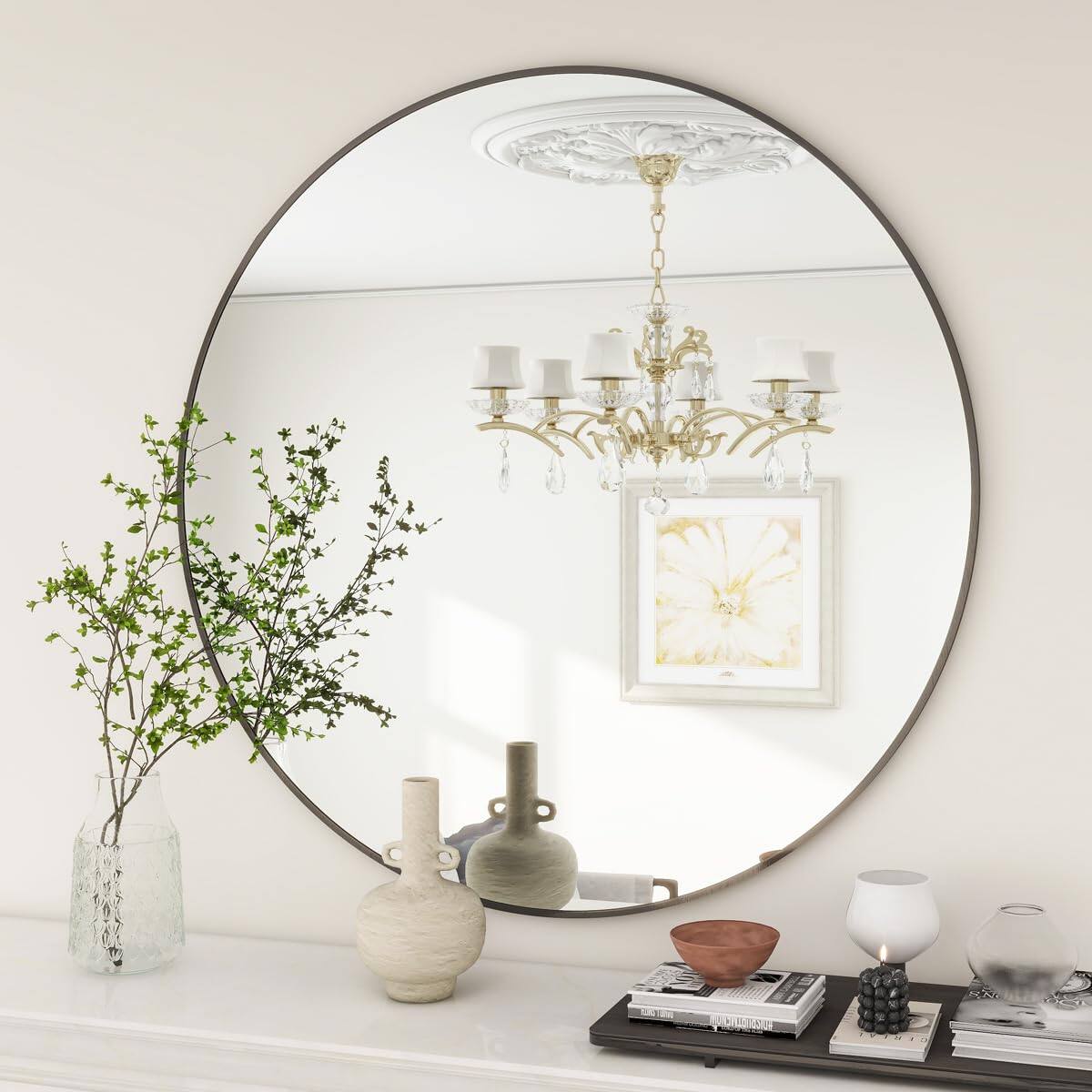 Front. HOMLUX - Round Wall Mirror Black Aluminum Frame Circle Wall Mounted for Bathroom Vanity Entryway Bedroom Living Room.