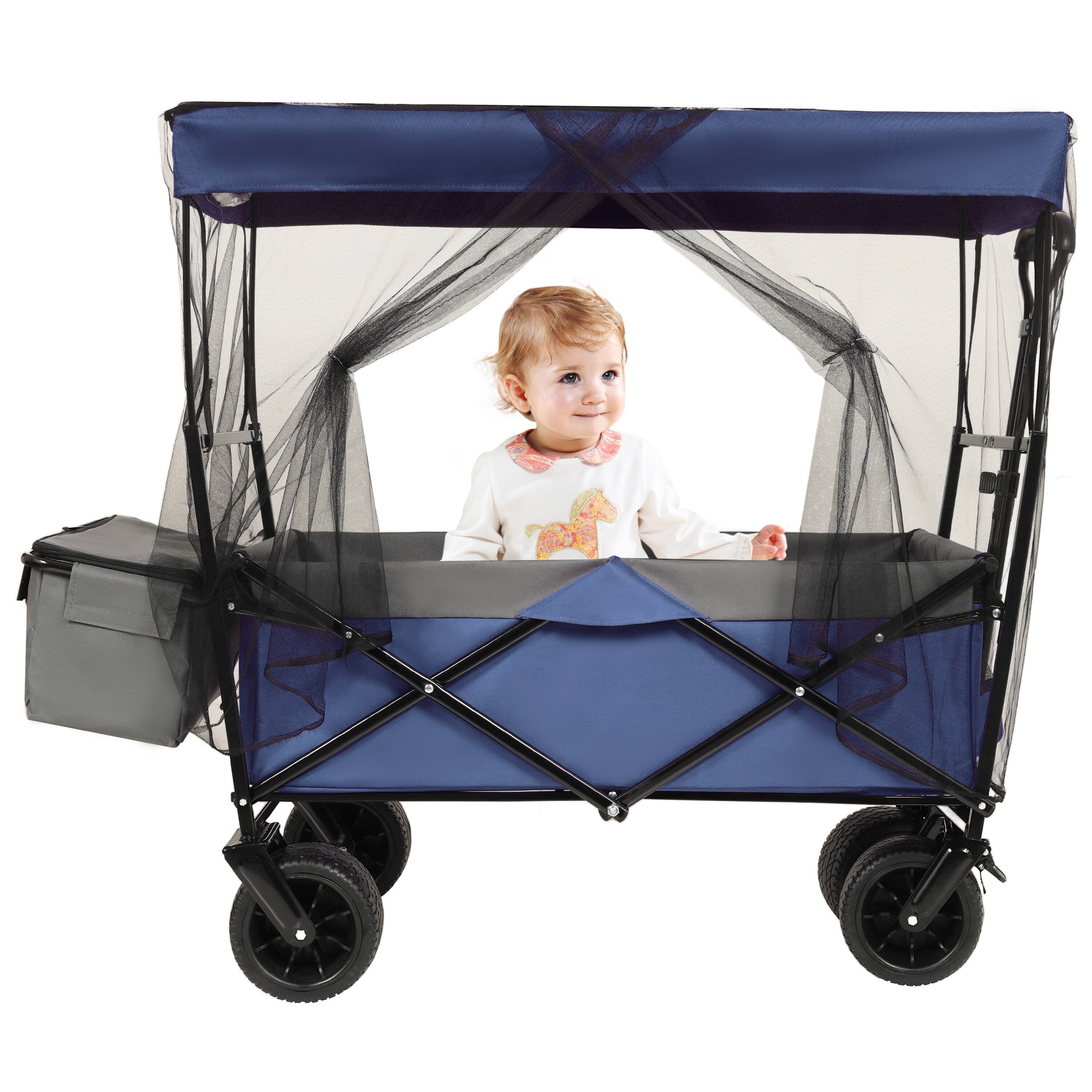 Alt View 4. Mondawe - 480lbs Collapsible Wagon Utility Carts w/ Mosquito Net, Ice Pack, Removable Canopy - Dark Blue.