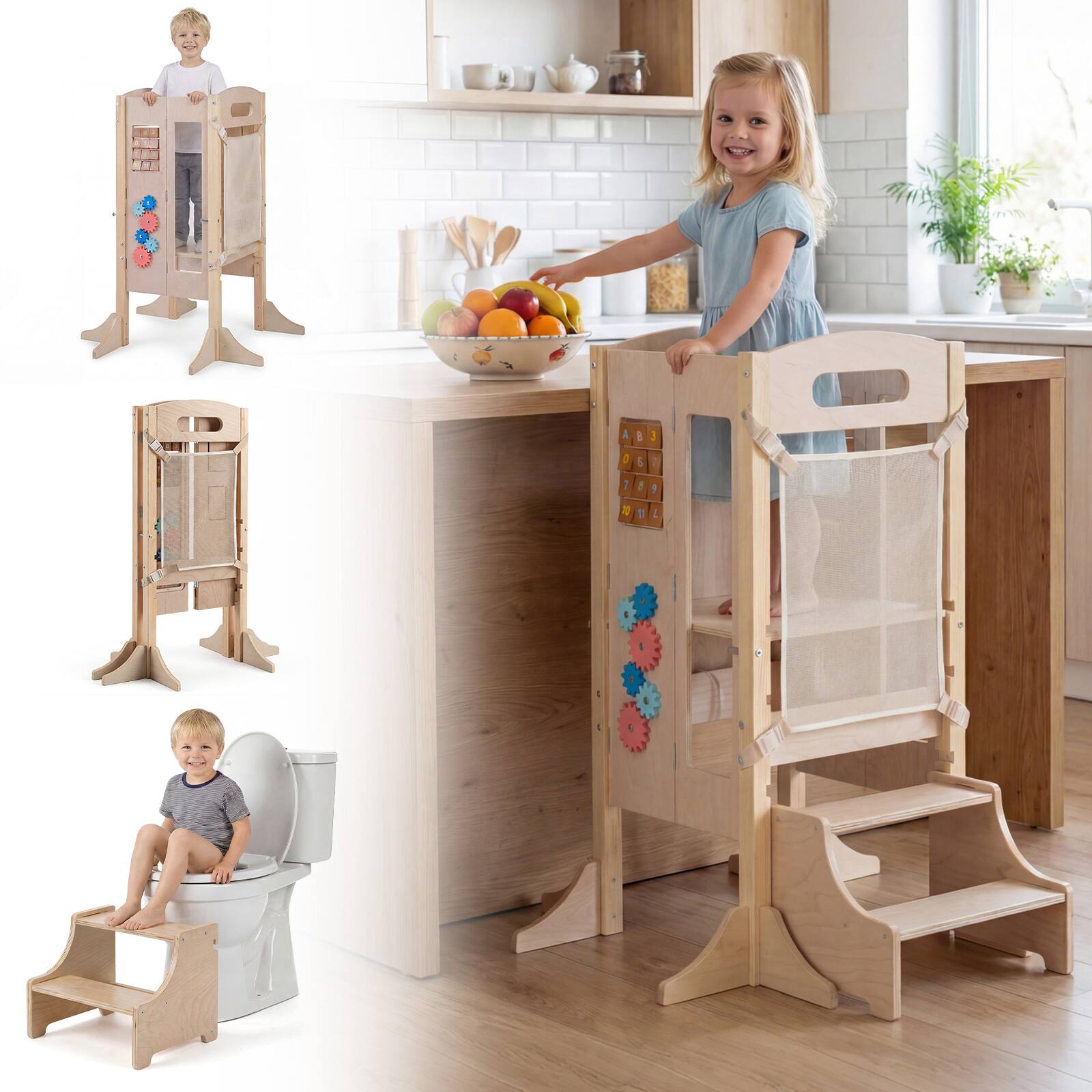 Alt View 1. Gymax - Gymax Foldable Toddler Step Stool Wooden Kitchen Standing Tower w/ 2-Setp Stool - Yellow.