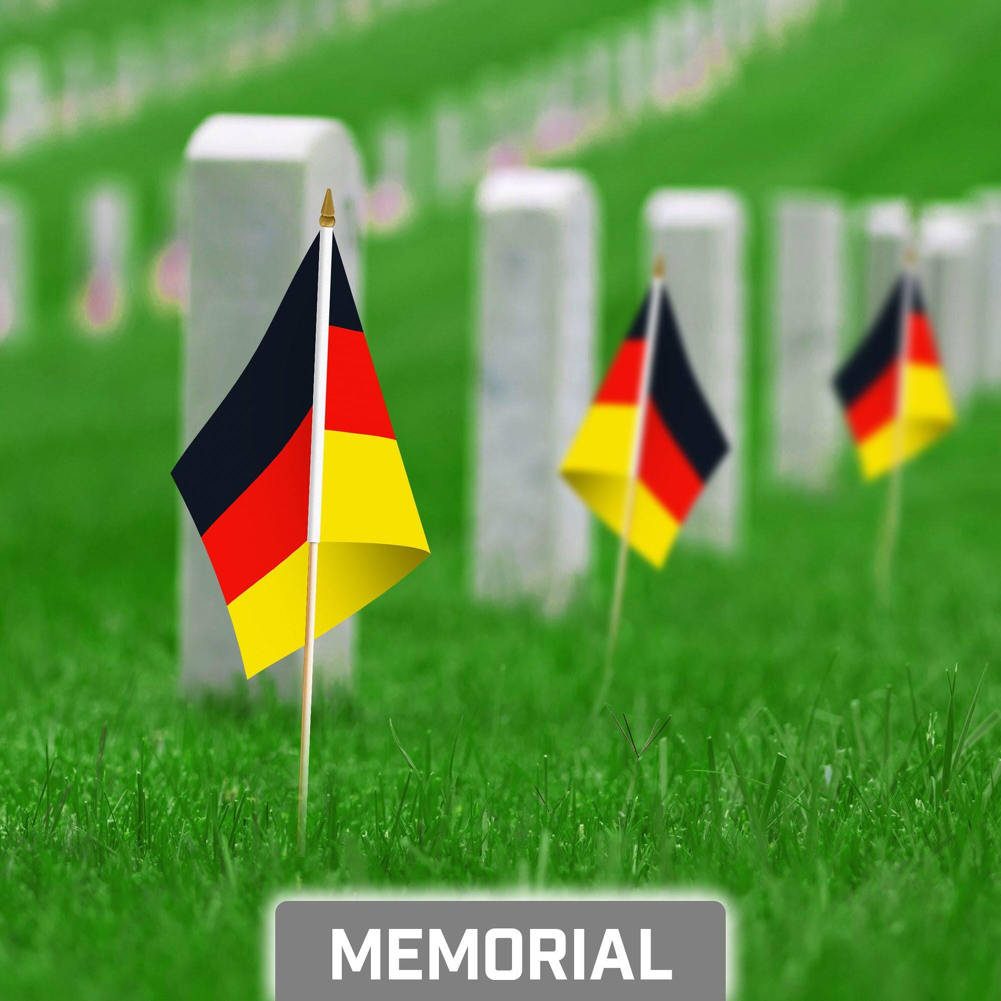 Back. G128 - 50-Pack Handheld Germany Flags, 8 x 12 in, 150D Polyester with Wooden Stick and Gold Spear Tip. - Assorted Colors.