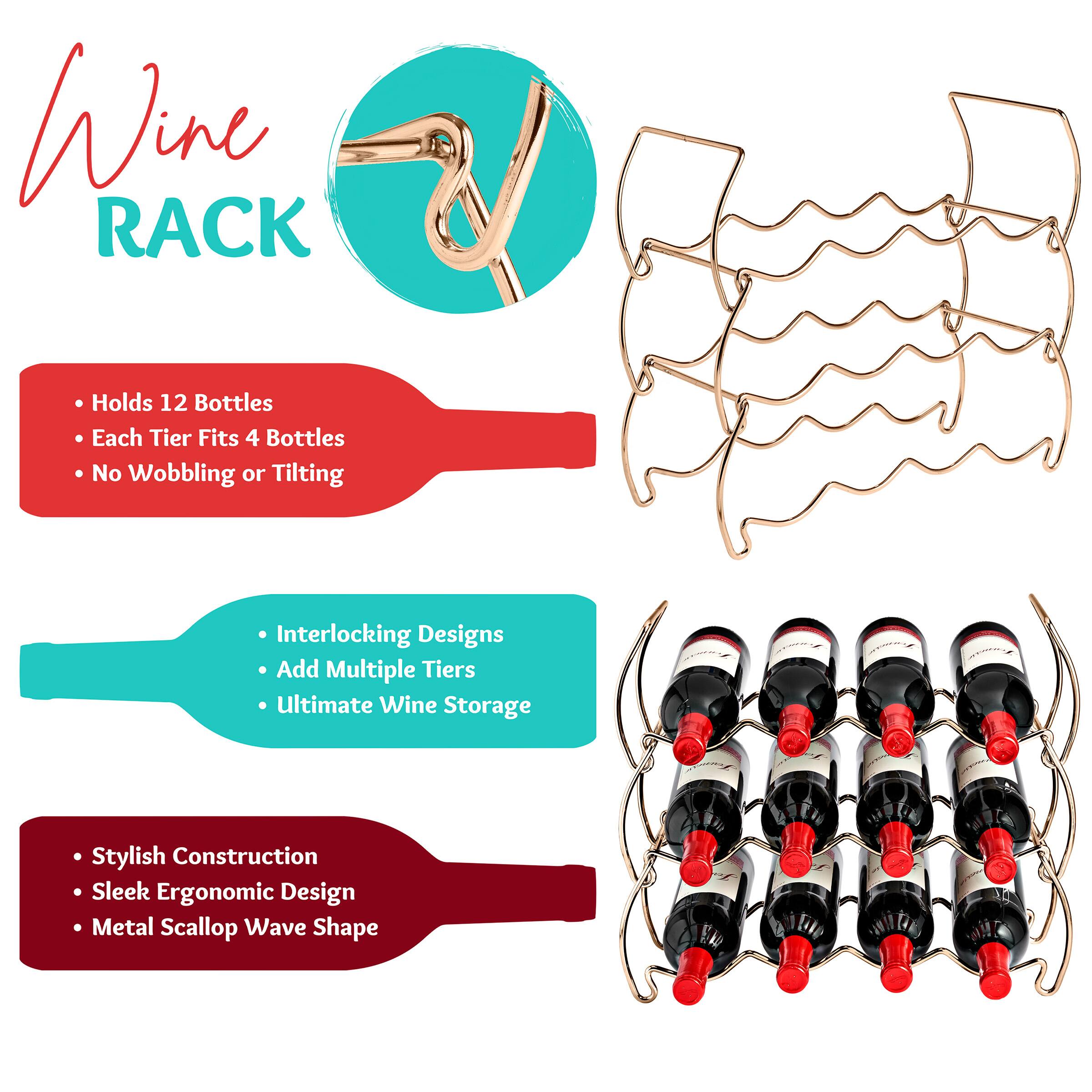 Wine RACK

- Holds 12 Bottles
- Each Tier Fits 4 Bottles
- No Wobbling or Tilting

- Interlocking Designs
- Add Multiple Tiers
- Ultimate Wine Storage

- Stylish Construction
- Sleek Ergonomic Design
- Metal Scalloped Wave Shape