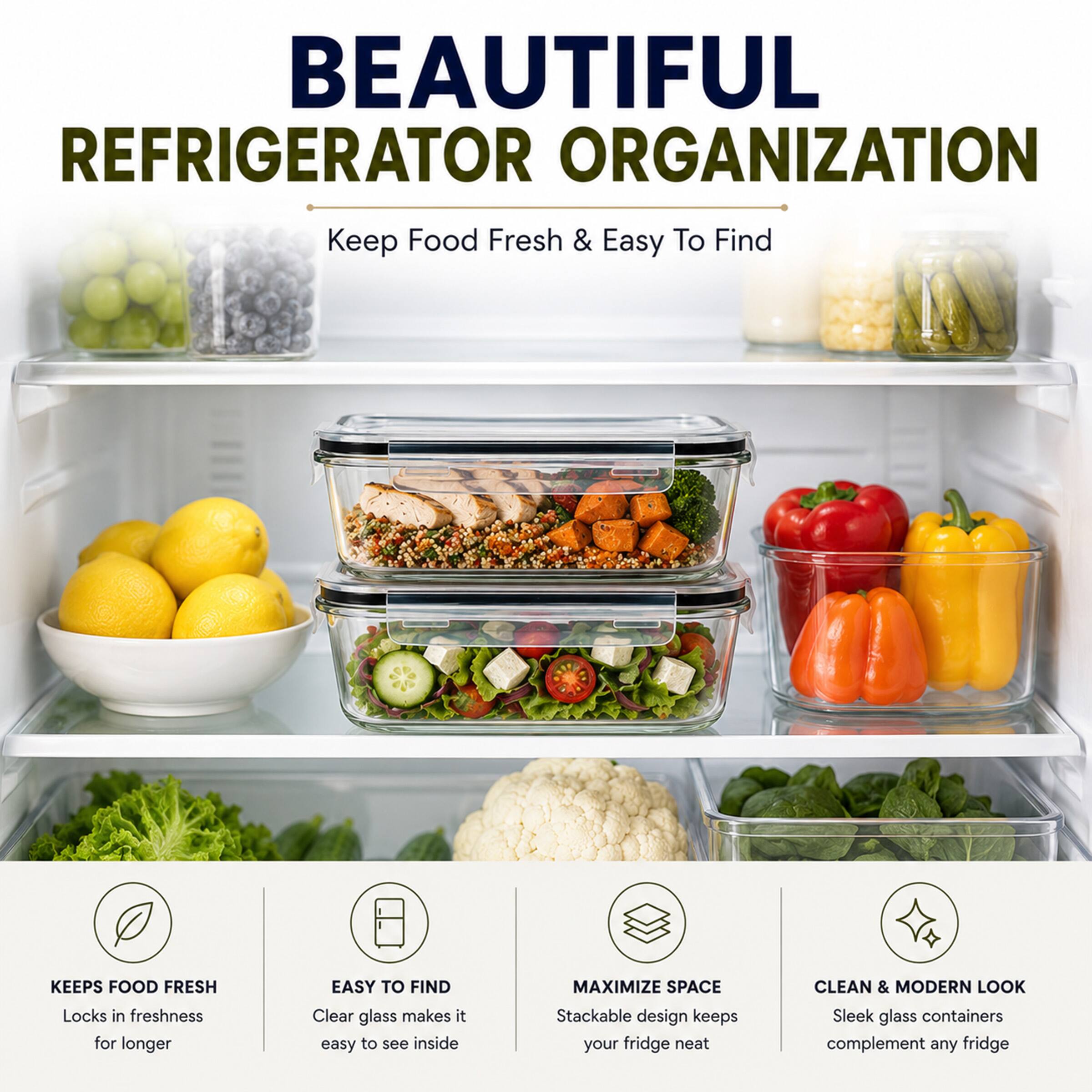 BEAUTIFUL REFRIGERATOR ORGANIZATION  
Keep Food Fresh & Easy To Find  

- KEEPS FOOD FRESH  
  Locks in freshness for longer  

- EASY TO FIND  
  Clear glass makes it easy to see inside  

- MAXIMIZE SPACE  
  Stackable design keeps your fridge neat  

- CLEAN & MODERN LOOK  
  Sleek glass containers complement any fridge