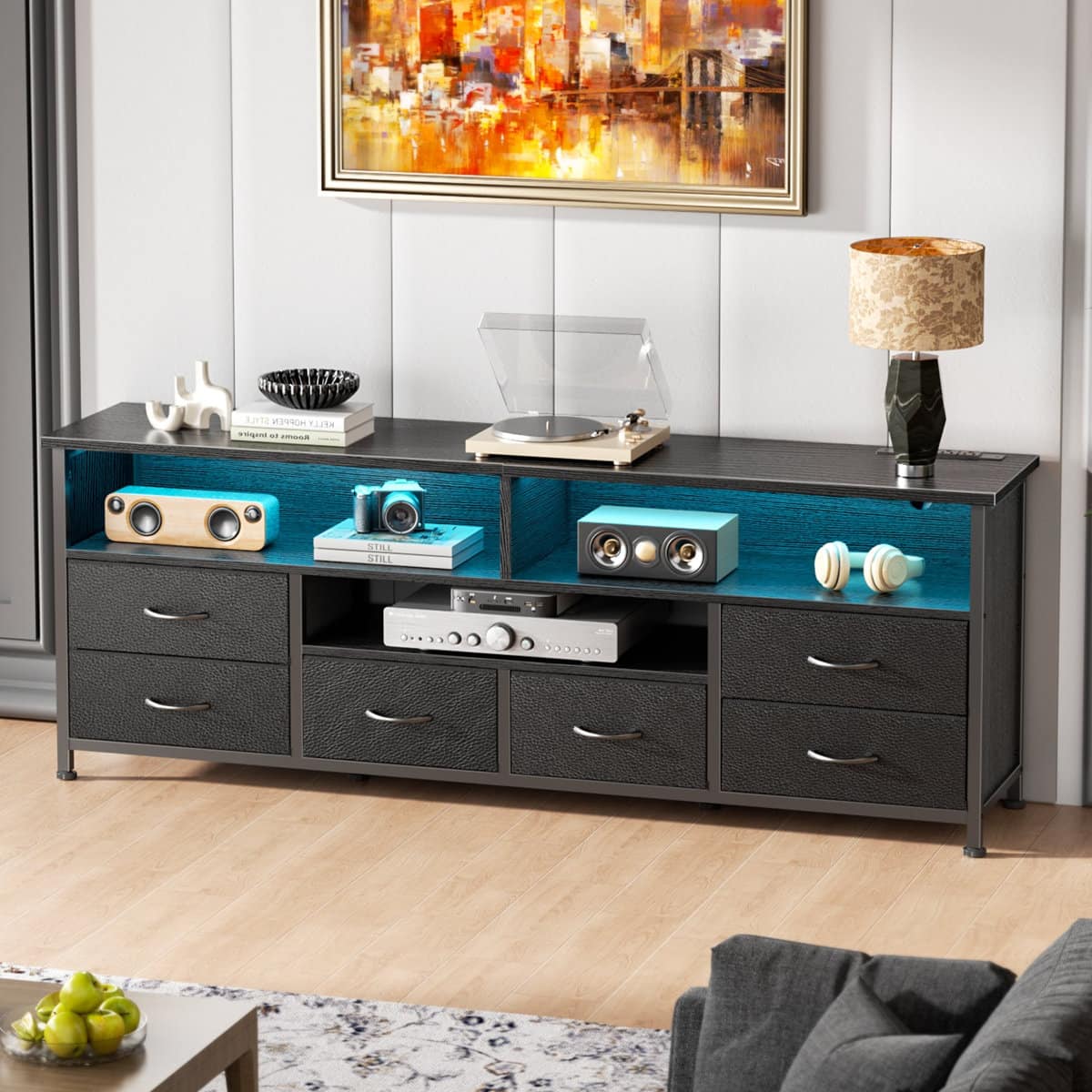 Furnulem - 55 In Modern TV Stand with LED Lights Charging Station 6 Drawers Versatile Media Console for Living Room Bedroom - Black