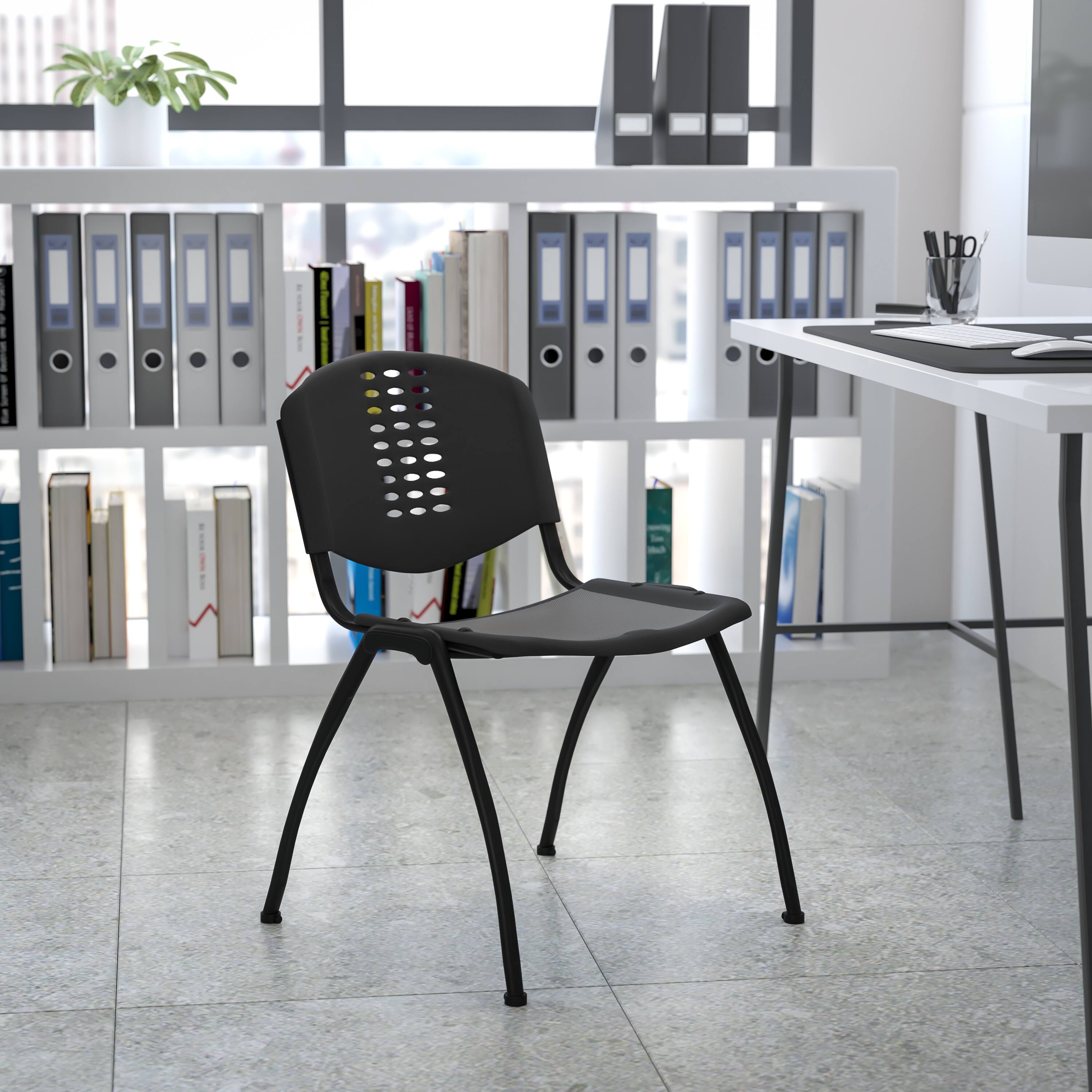 Alt View 1. Emma + Oliver - 880 lb. Capacity Plastic Stack Chair with Oval Cutout Back - Black.