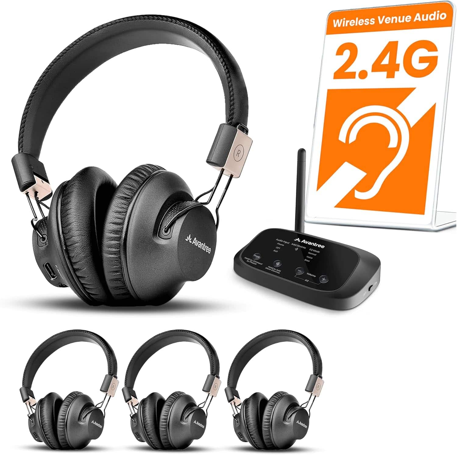 Avantree - Quartet 2 - Wireless Group Listening Headphones & Transmitter for TV, Church, Classroom, Silent Discos - Black