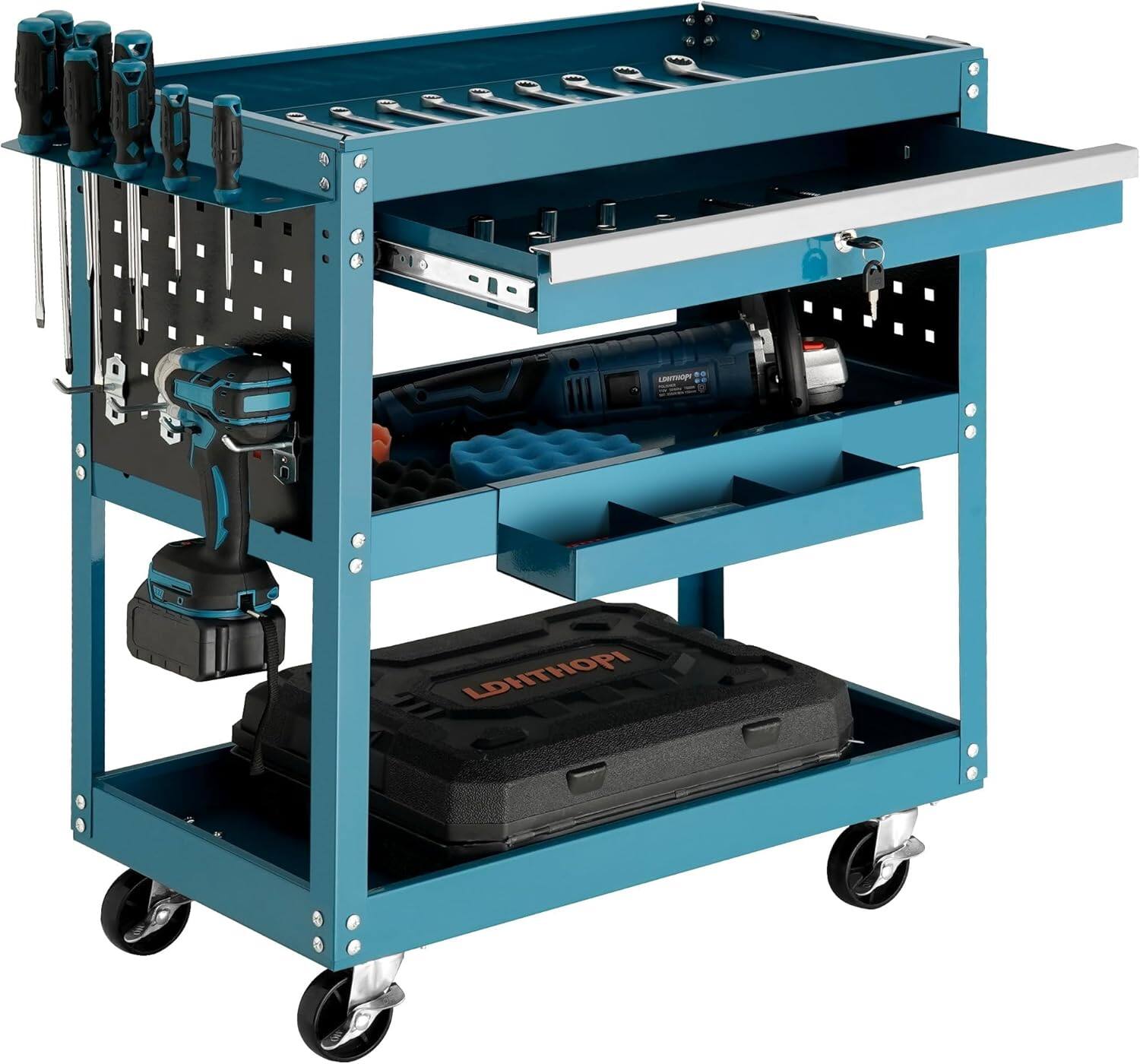 Silvel - 3 Tier Rolling Tool Cart with Drawers, Tool Cart on Wheels with Sliding Top for Garage, Warehouse & Repair Shop - Blue