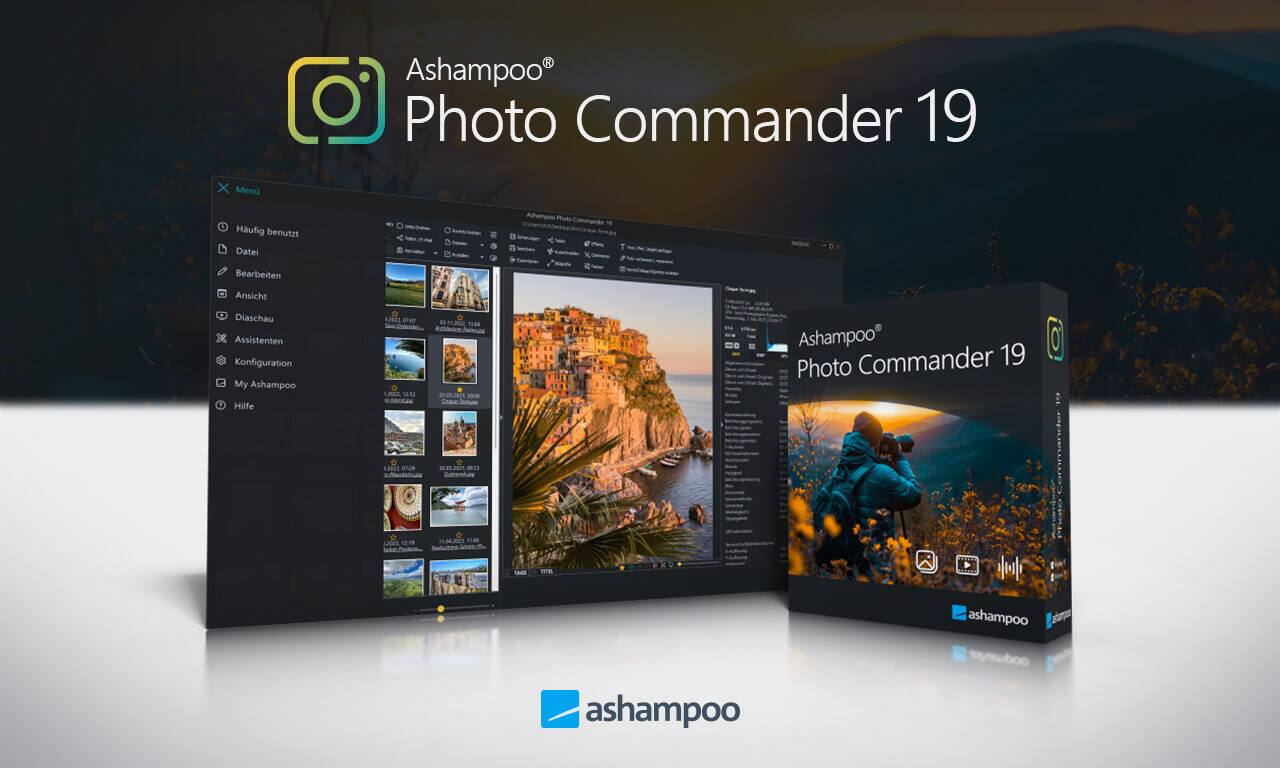 R Ashampoo Photo Commander 19  
Menu Häufig benutzt  
Adempos  
Datei  
Bearbeiten  
Ansicht  
Diaschau  
Assistenten  
Konfiguration  
My Ashampoo  
Hilfe  

3012 Sher 2022  
185 MARICAN  

J0 Ashampoo Commander 19 Photo  
0728 a  
LE ashampoo pps  
ashampoo snbo