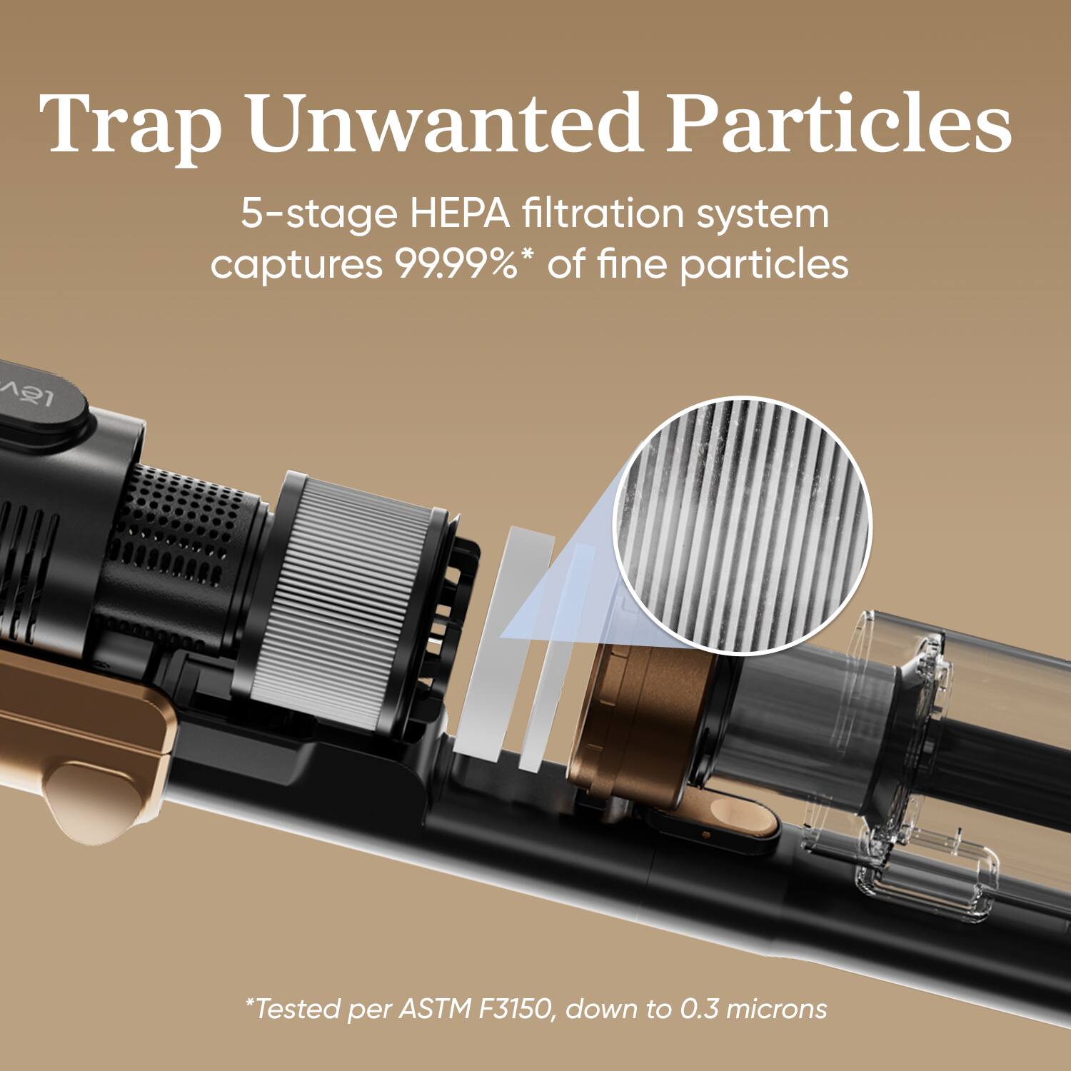 Trap Unwanted Particles

5-stage HEPA filtration system captures 99.99%* of fine particles

*Tested per ASTM F3150, down to 0.3 microns