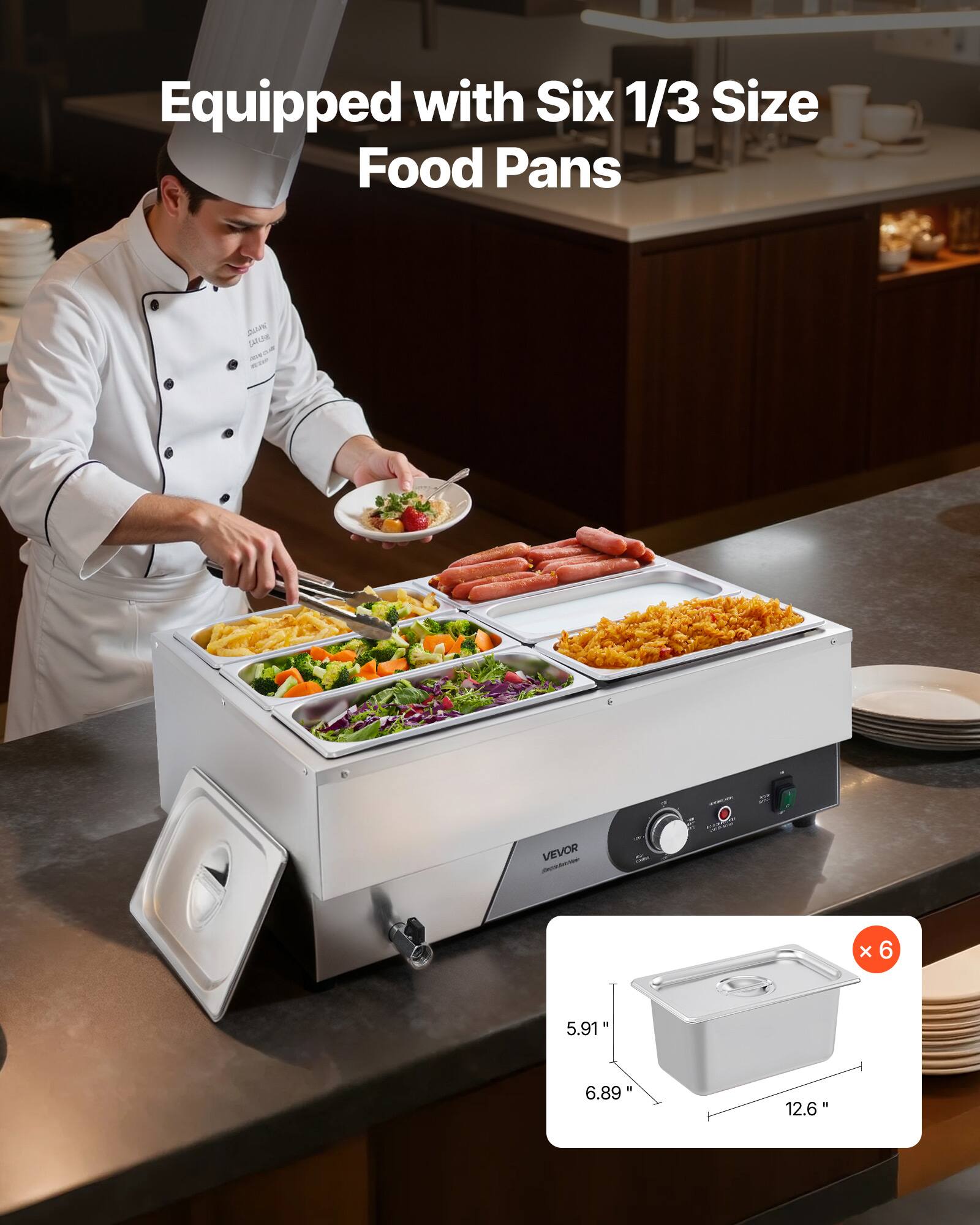 Equipped with Six 1/3 Size Food Pans

DIZAR CARLITE (OVOR VEVOR X 6

5.91"
6.89"
12.6"