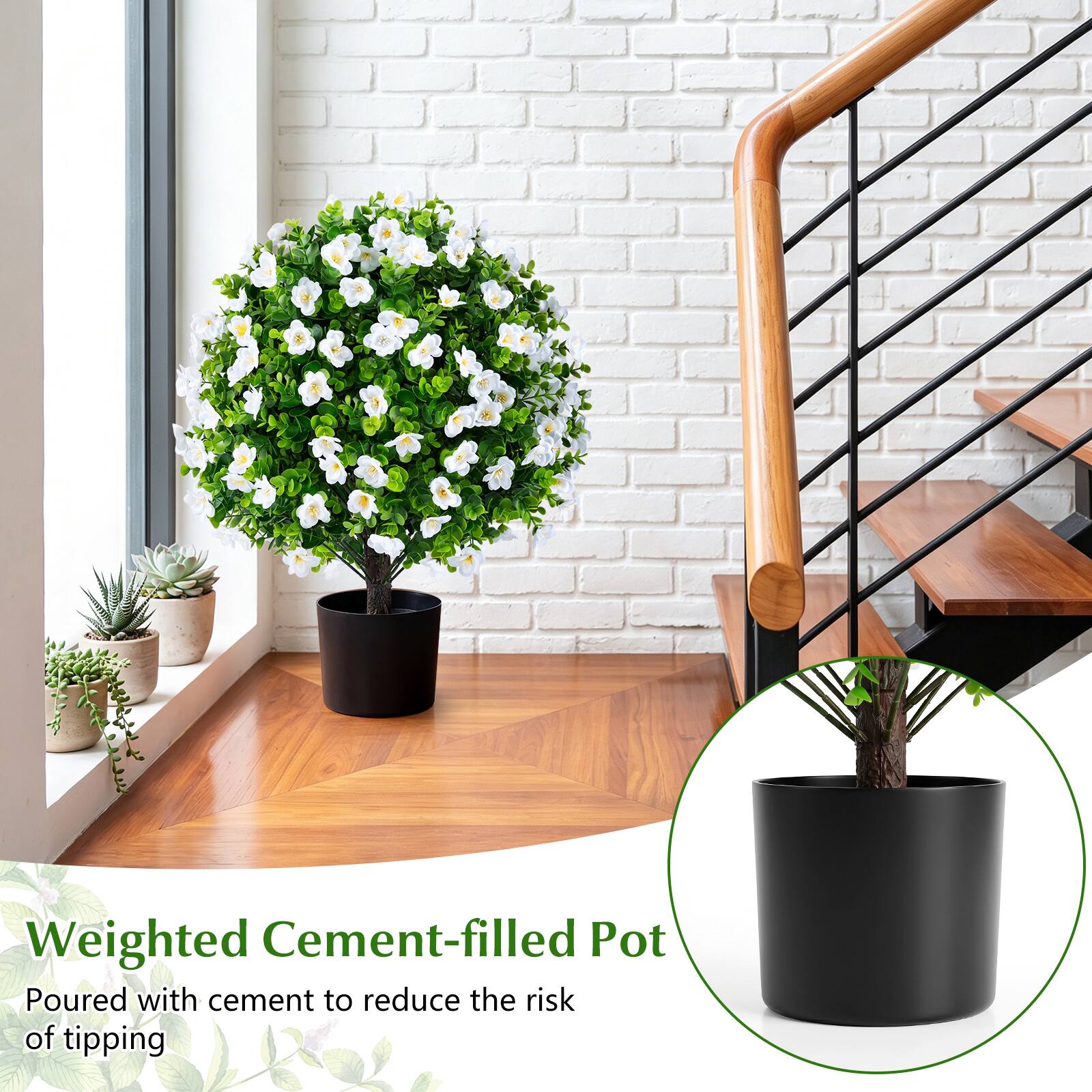 Weighted Cement-filled Pot  
Poured with cement to reduce the risk of tipping