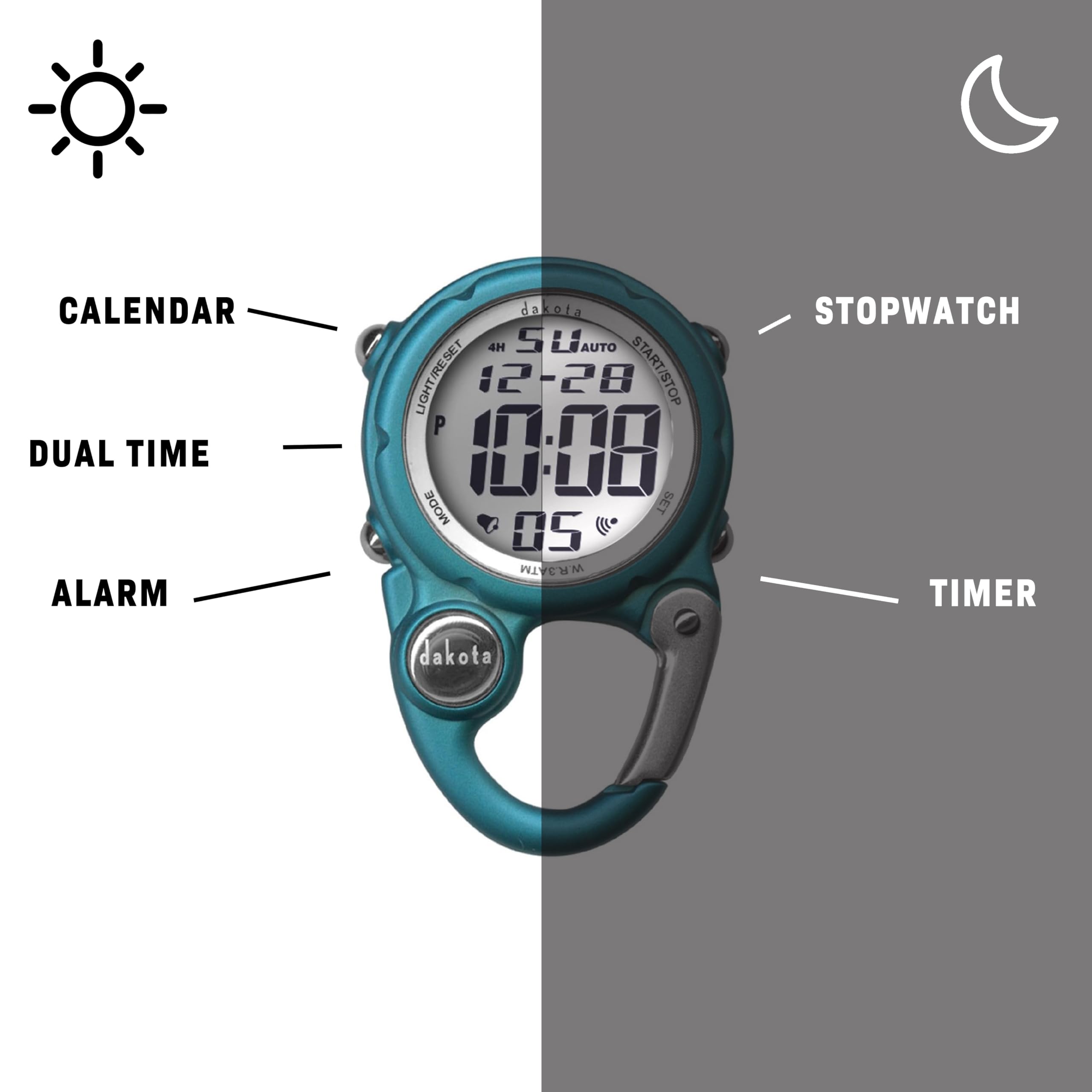 CALENDAR DUAL TIME ALARM dakota 4H SAUTO LIGHT/RESET LIGHT 12-28 START/STOP P 10:08 MODE SET 0S W.R.3ATM STOPWATCH TIMER dakota