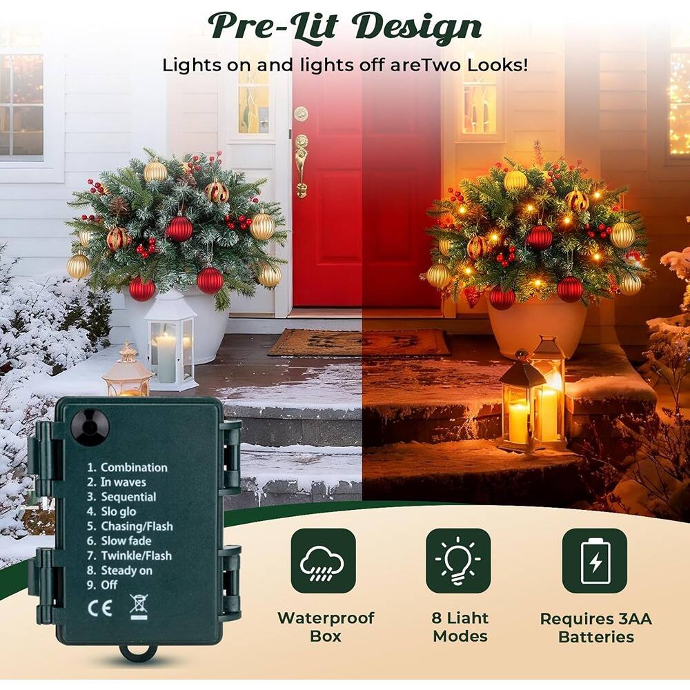 Pre-Lit Design  
Lights on and lights off are Two Looks!  

1. Combination  
2. In waves  
3. Sequential  
4. Slo glo  
5. Chasing/Flash  
6. Slow fade  
7. Twinkle/Flash  
8. Steady on  
9. Off  

CE Waterproof Box  
8 Light Modes  
Requires 3AA Batteries