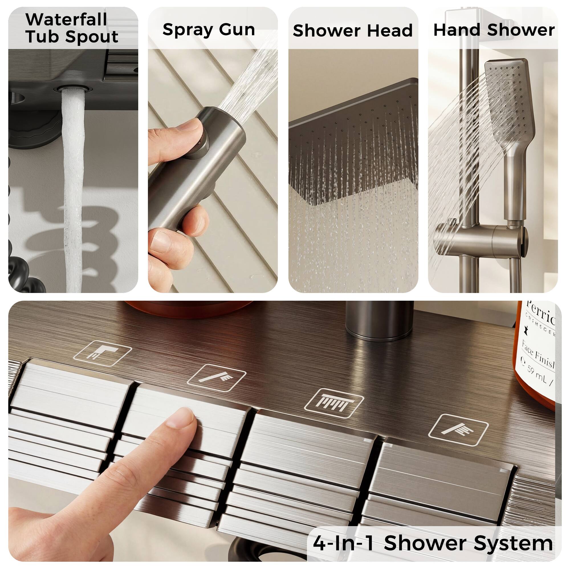 Waterfall Tub Spout Spray Gun Shower Head Hand Shower 4-In-1 Shower System
